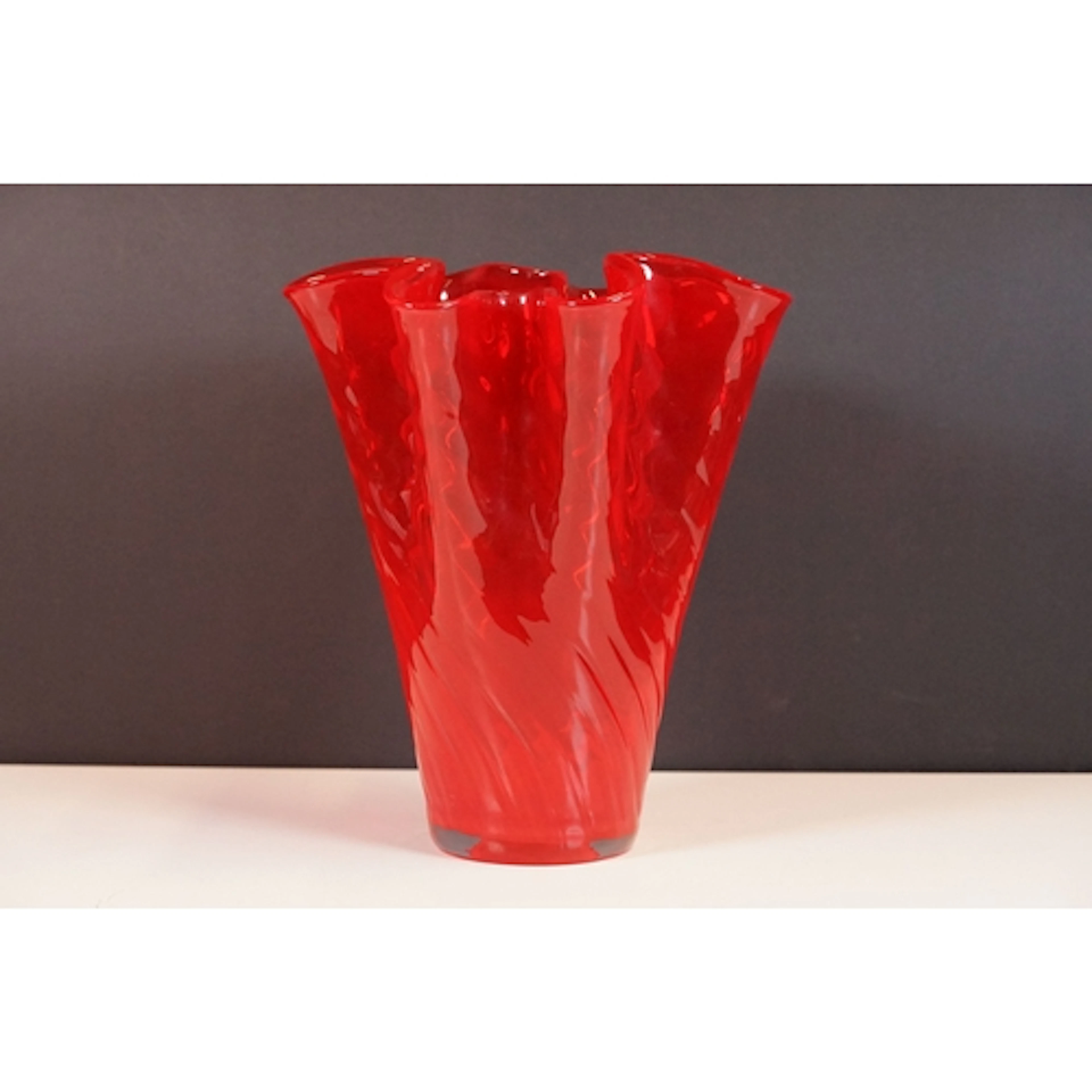 1970s Italian fazzoletto glass vase, in vibrant ruby red col...