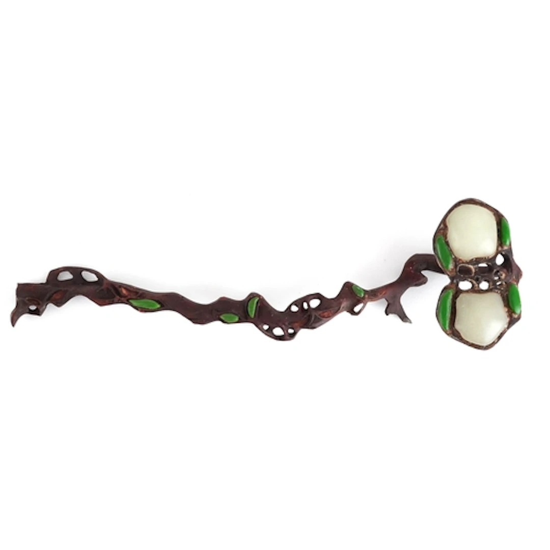 Chinese patinated bronze ruyi sceptre with stone panels, 27c...