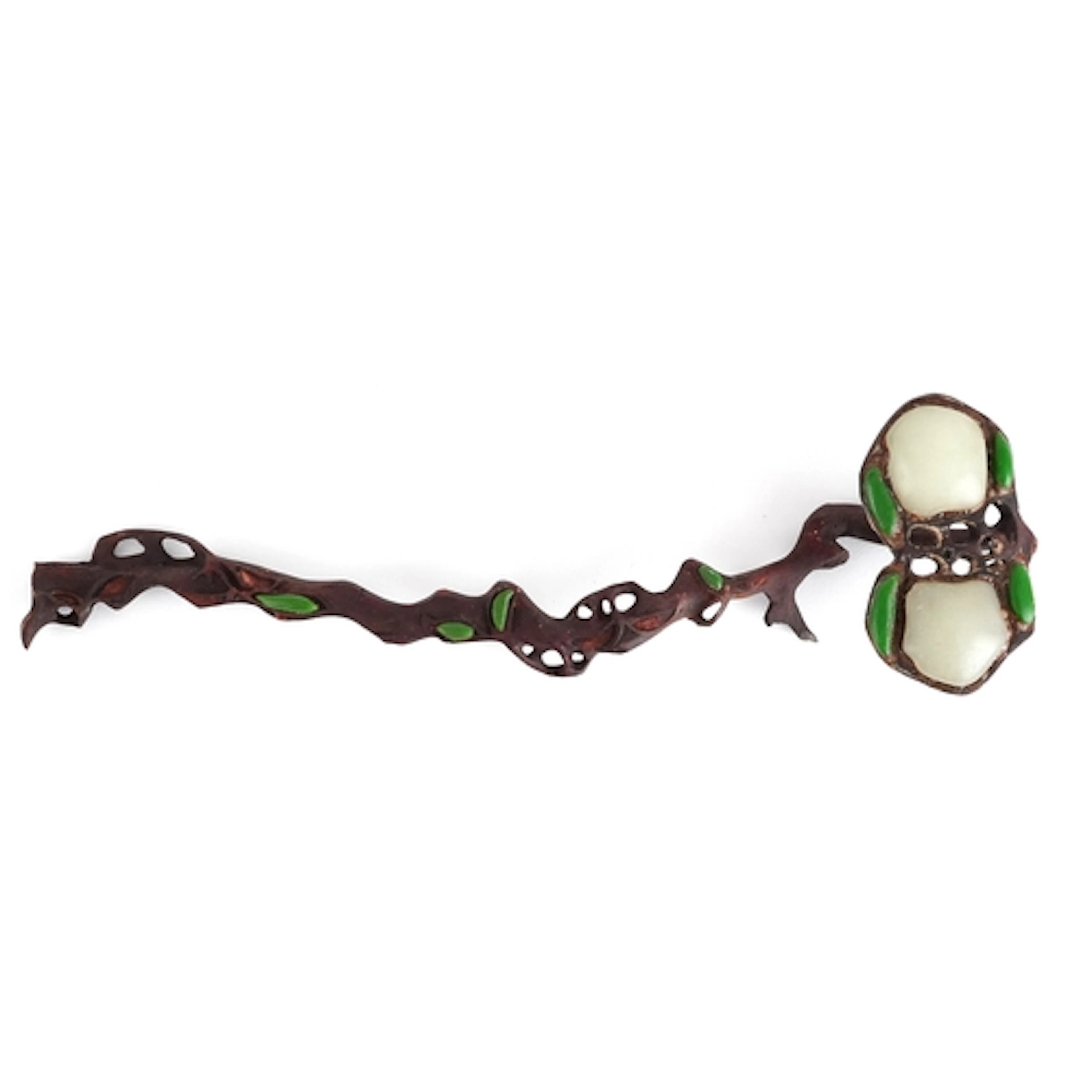 Chinese patinated bronze ruyi sceptre with stone panels, 27c...