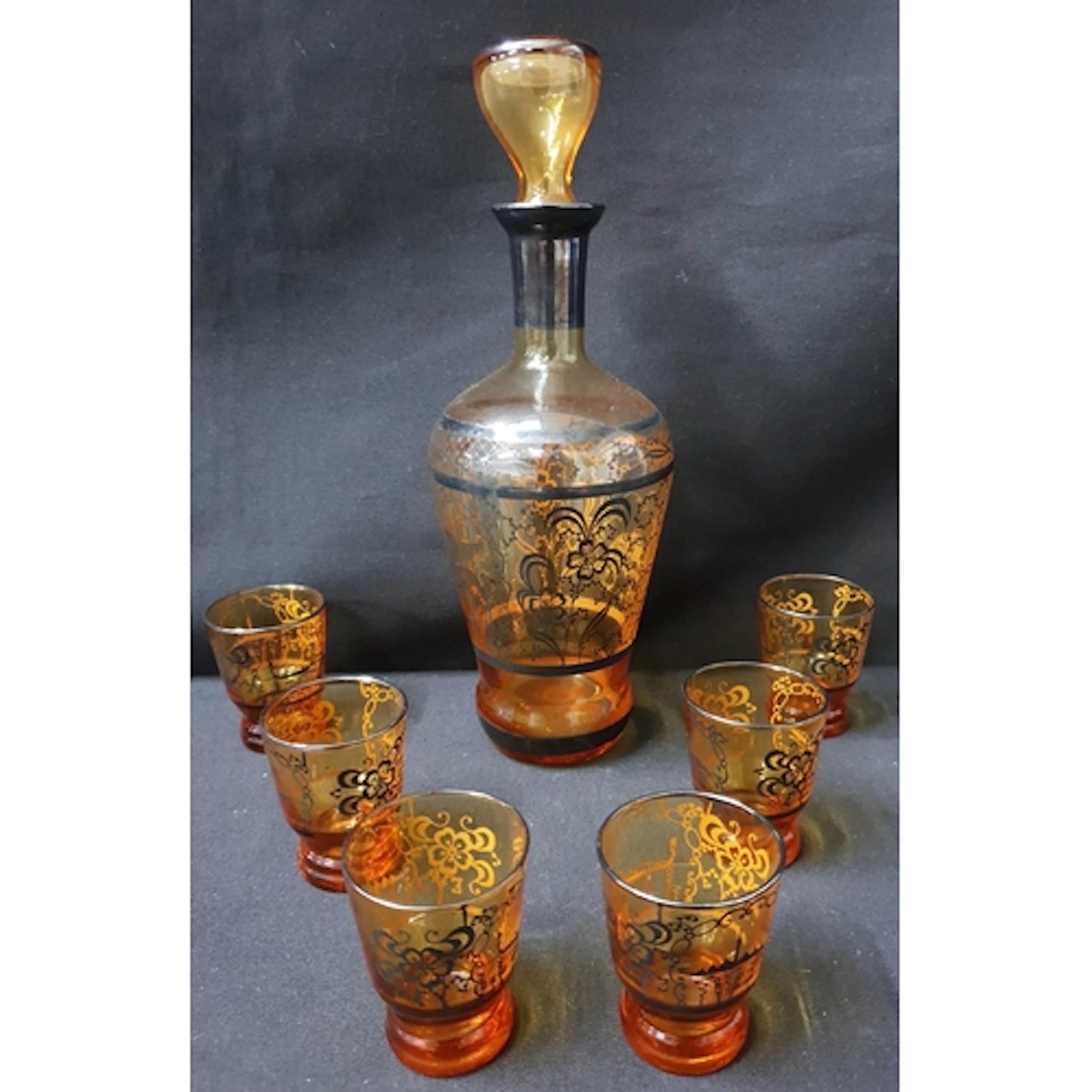 VINTAGE AMBER GLASS DECANTER SET the carafe of amber blown g...