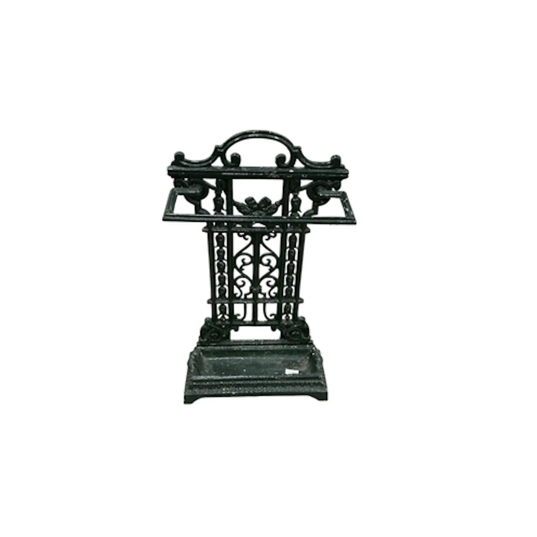 A Victorian green painted cast iron stick stand, width 45cm,...