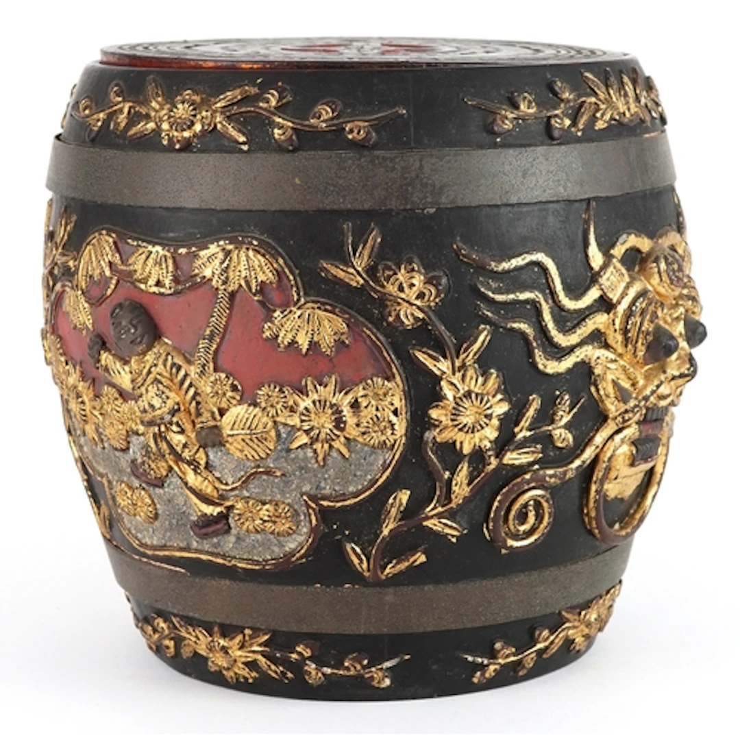 19th century Chinese hand carved metal bound wooden rice bar...