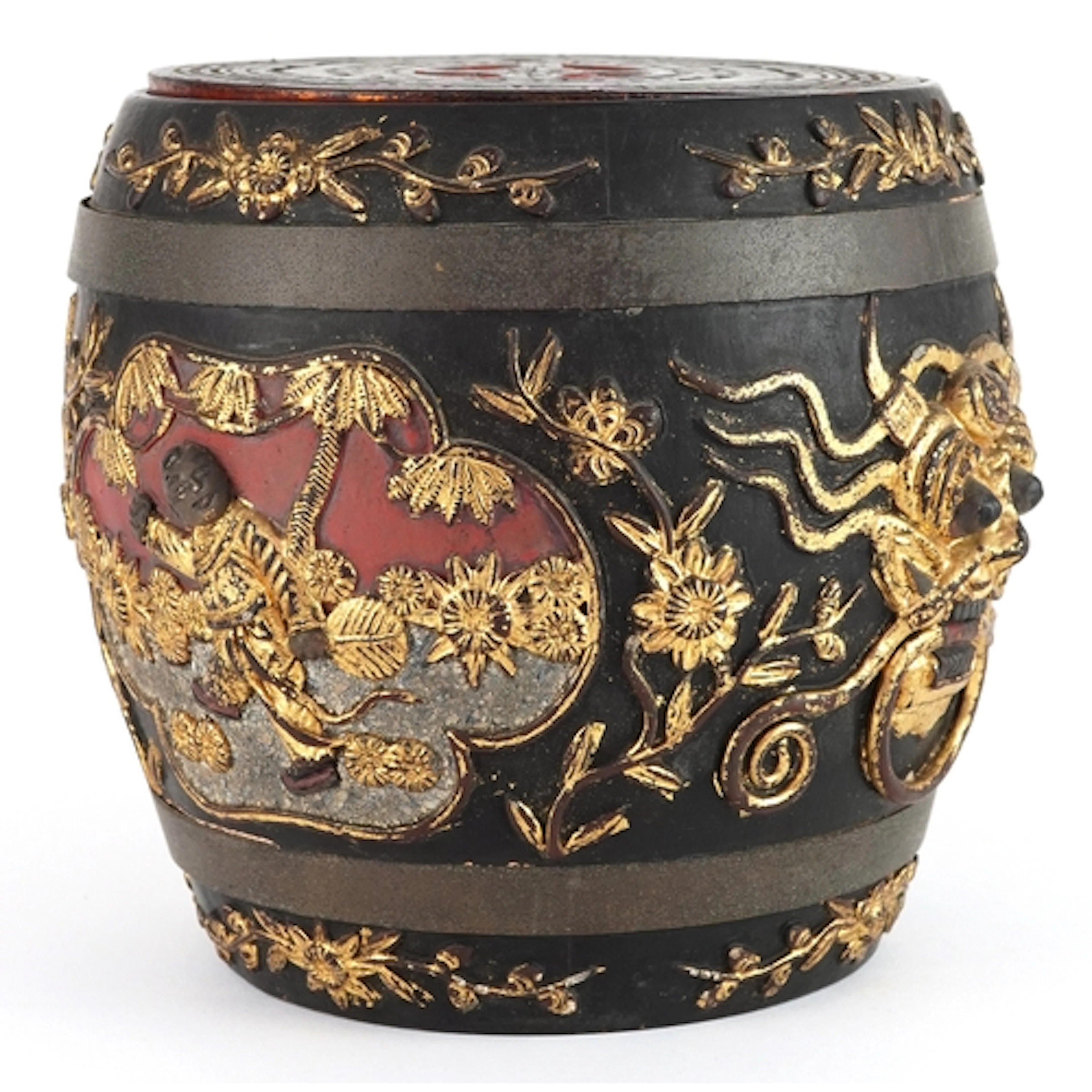 19th century Chinese hand carved metal bound wooden rice bar...