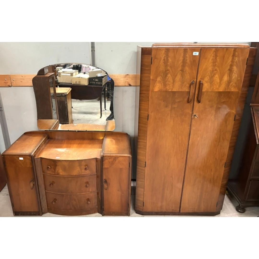 Walnut Art Deco bedroom suite comprising of small wardrobe a...