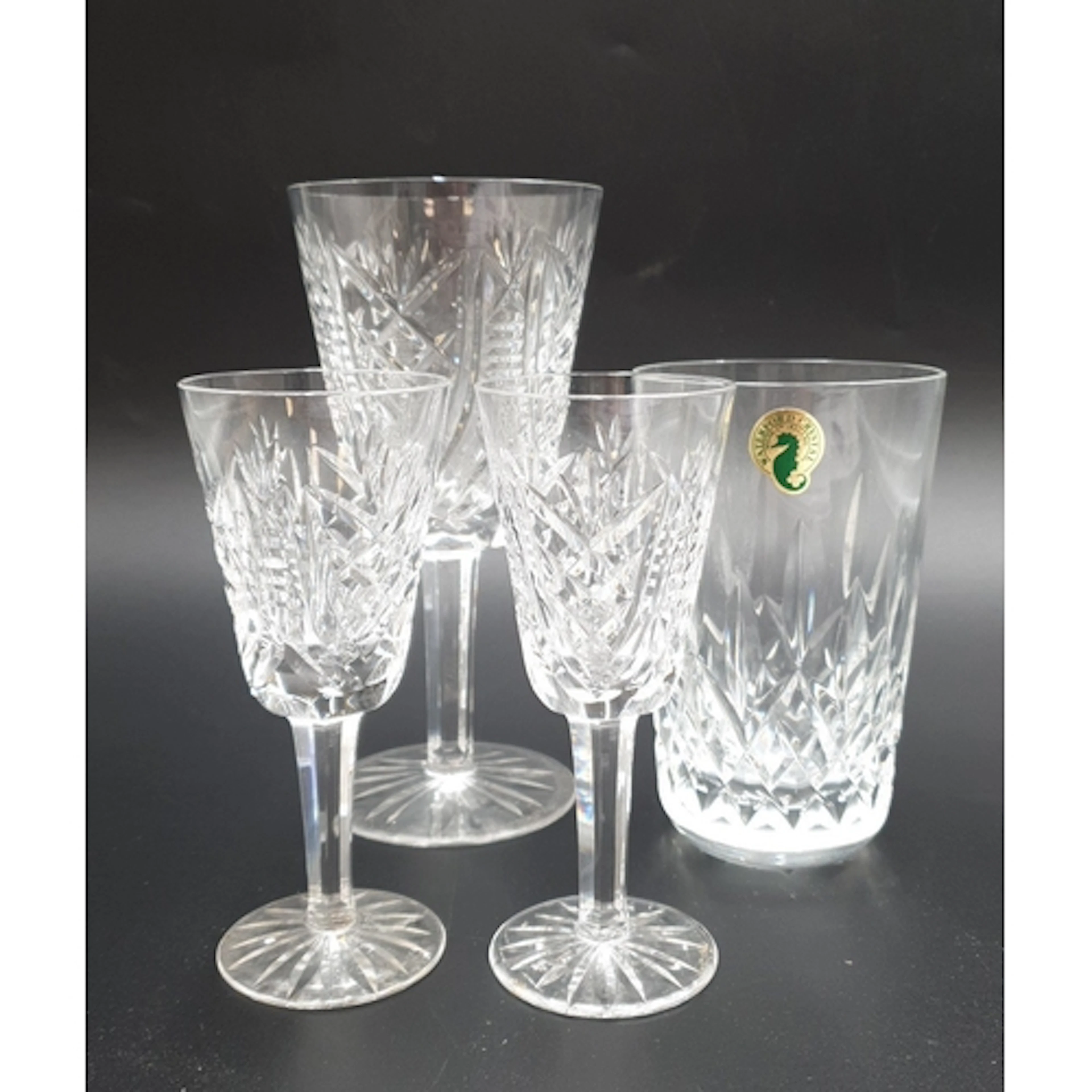 Lot of 4x Waterford cut-crystal drinking glasses: three stem...