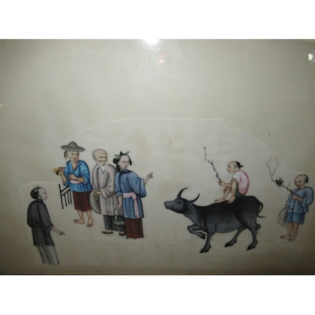 Chinese painting on rice paper, figures with oxen, housed in...