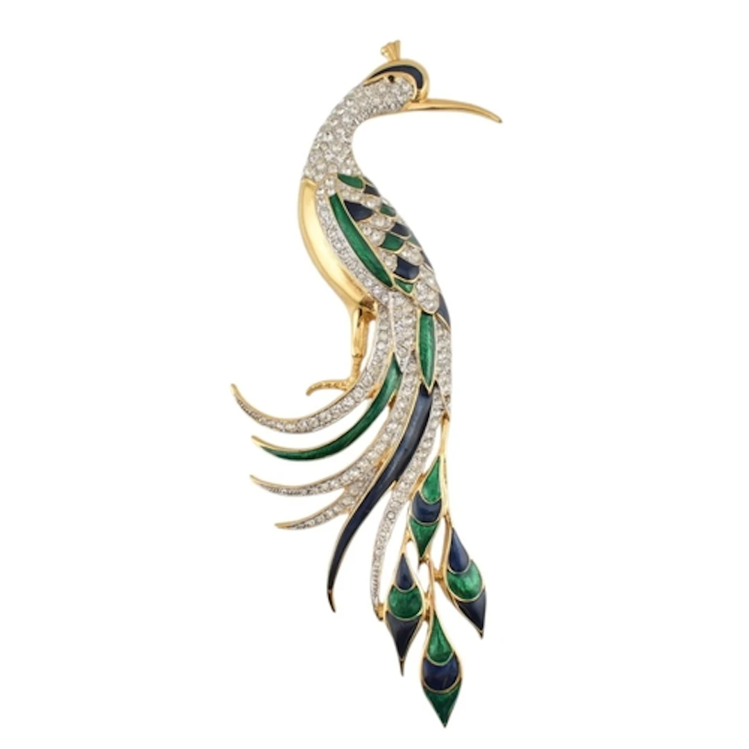 D'Orlan - signed brooch pin in the form of a peacock with en...
