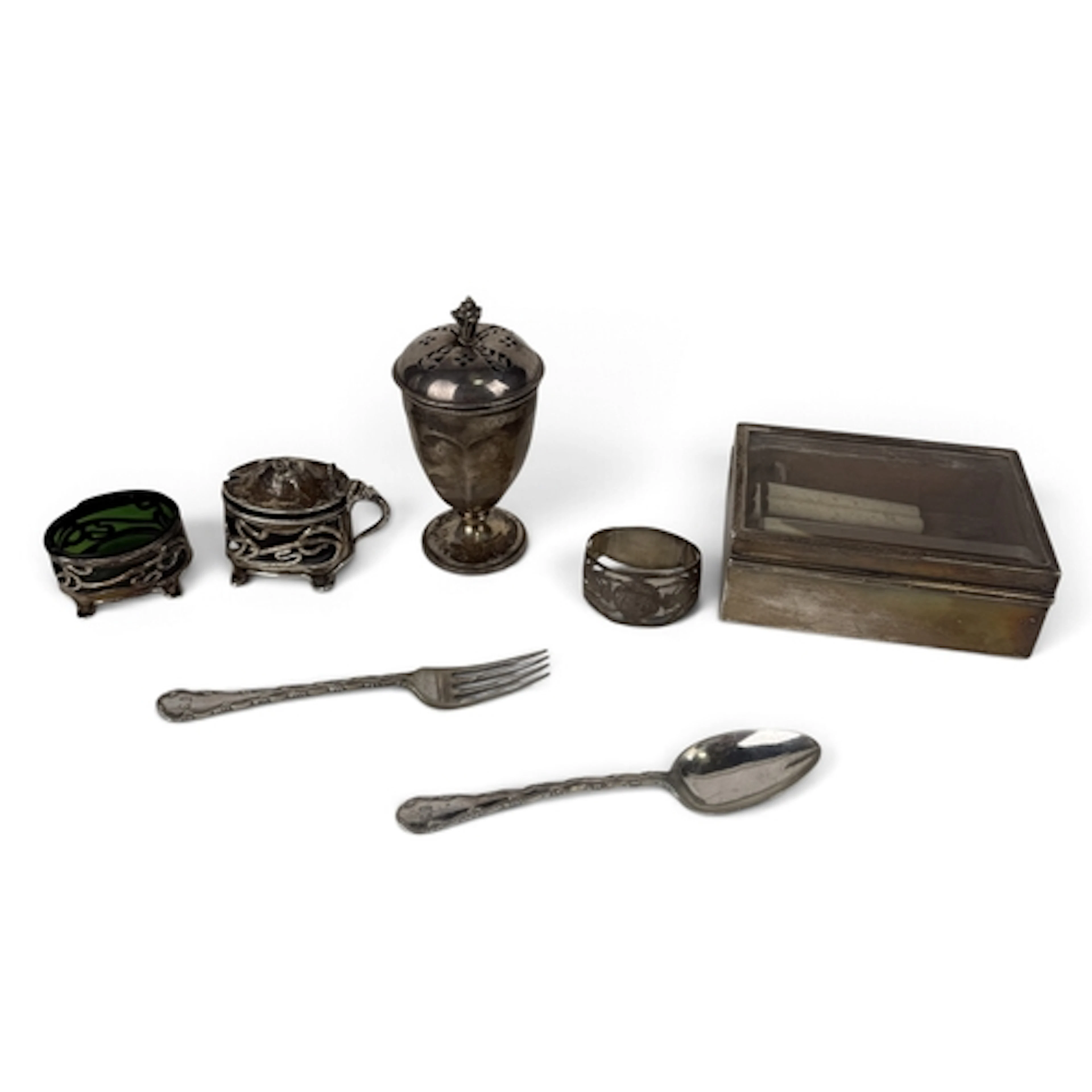 A GROUP OF SILVER TO INCLUDE ART NOUVEAU CONDIMENTS And napk...