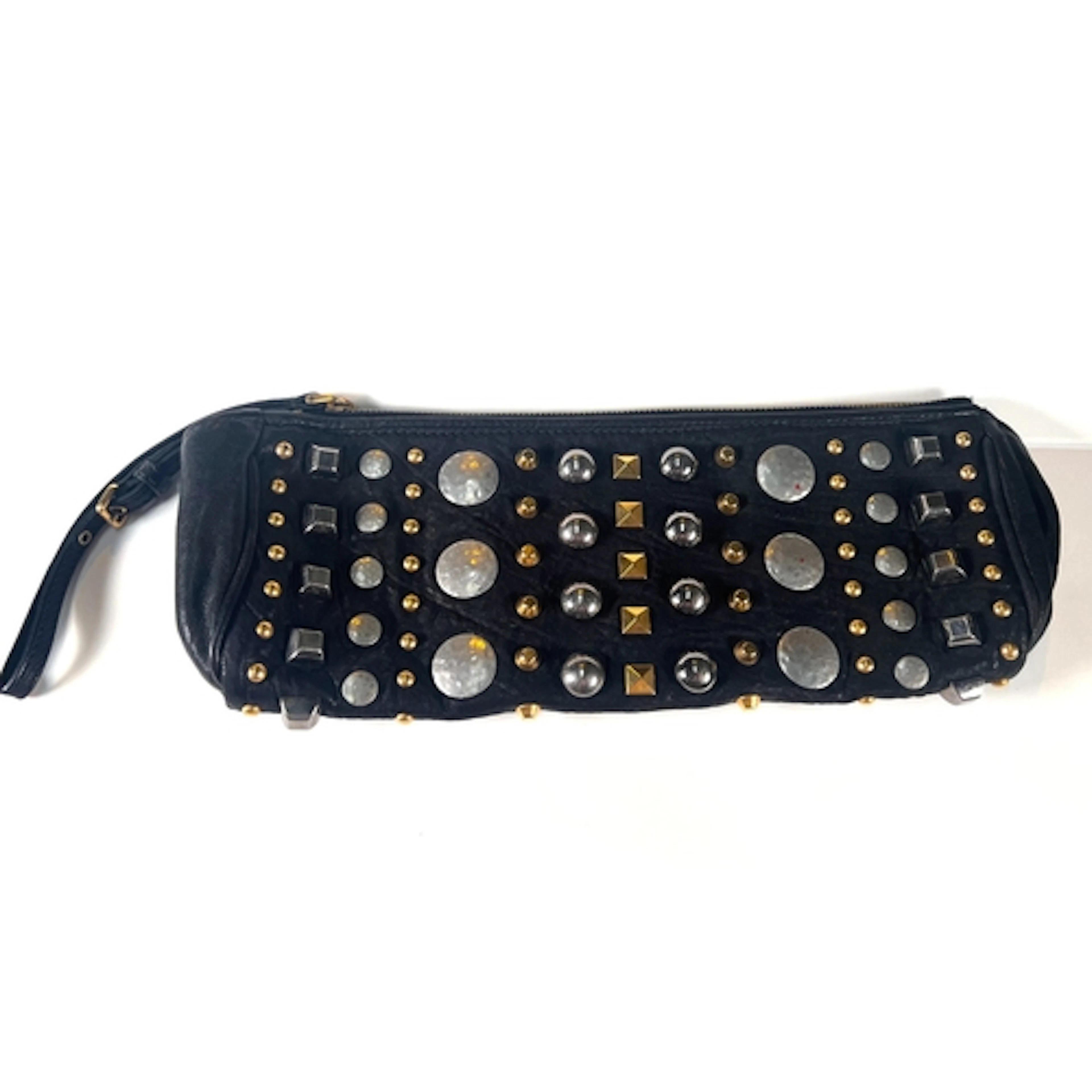 A black leather Miu Miu heavily studded L shape clutch bag, ...