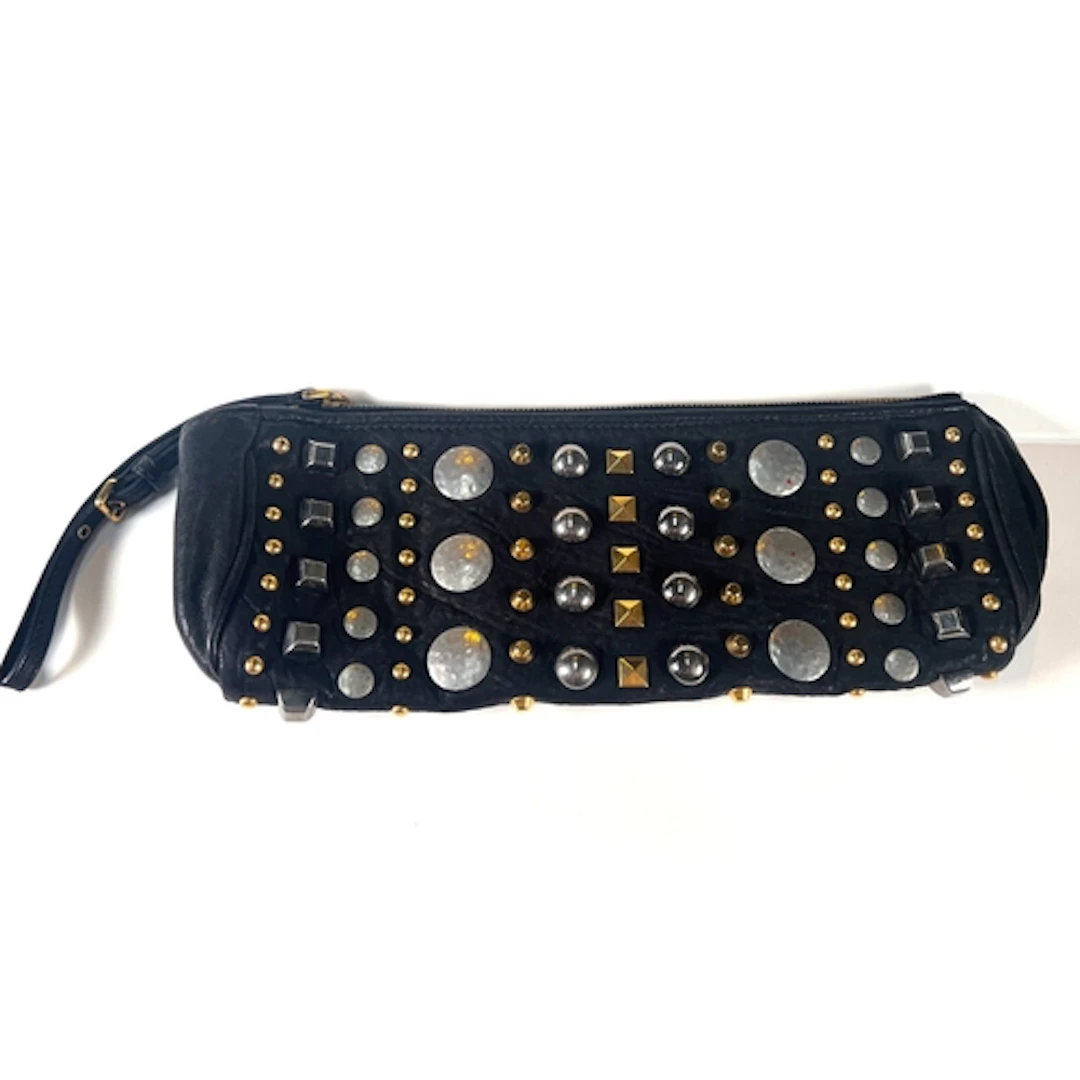 A black leather Miu Miu heavily studded L shape clutch bag, ...