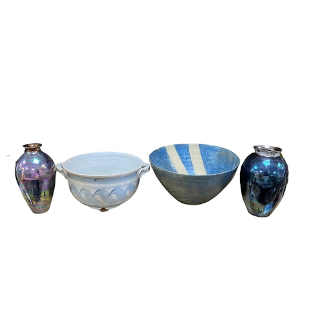 Two Atkinson studio pottery lustre vases, larger 16cm, a stu...