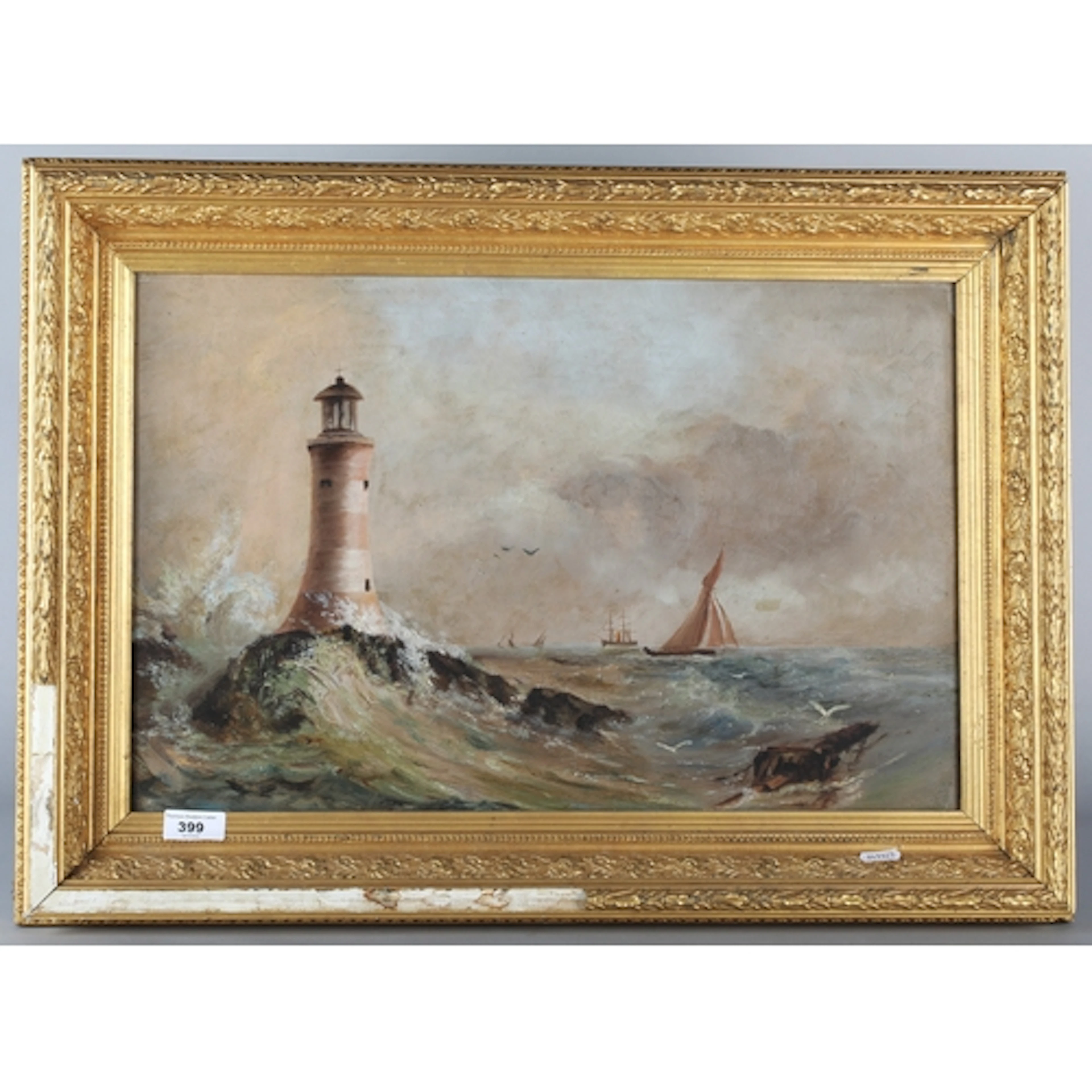 19th century school Lighthouse in the storm. Oil on board. 3...