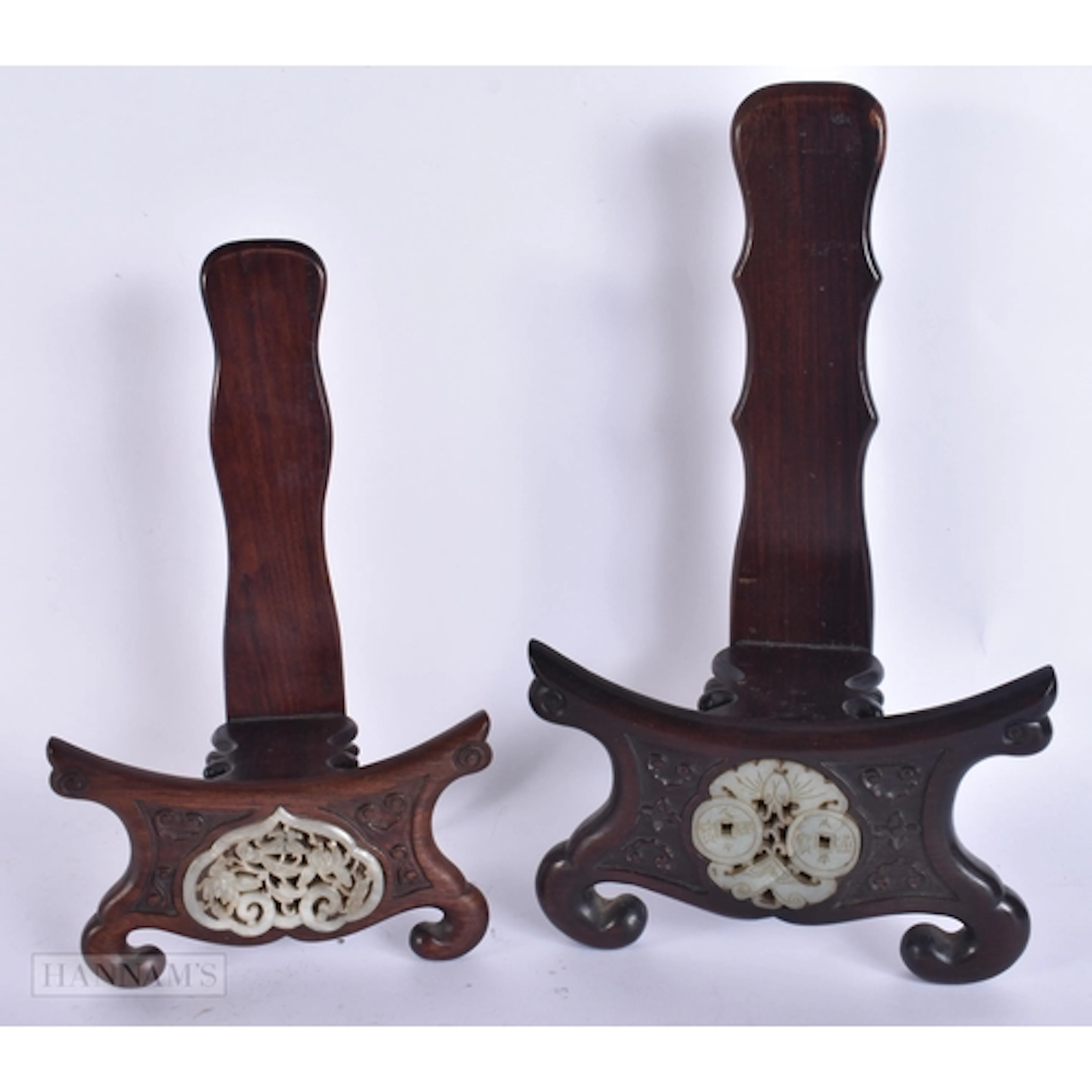 TWO RARE 19TH CENTURY CHINESE CARVED HARDWOOD AND JADE DISPL...