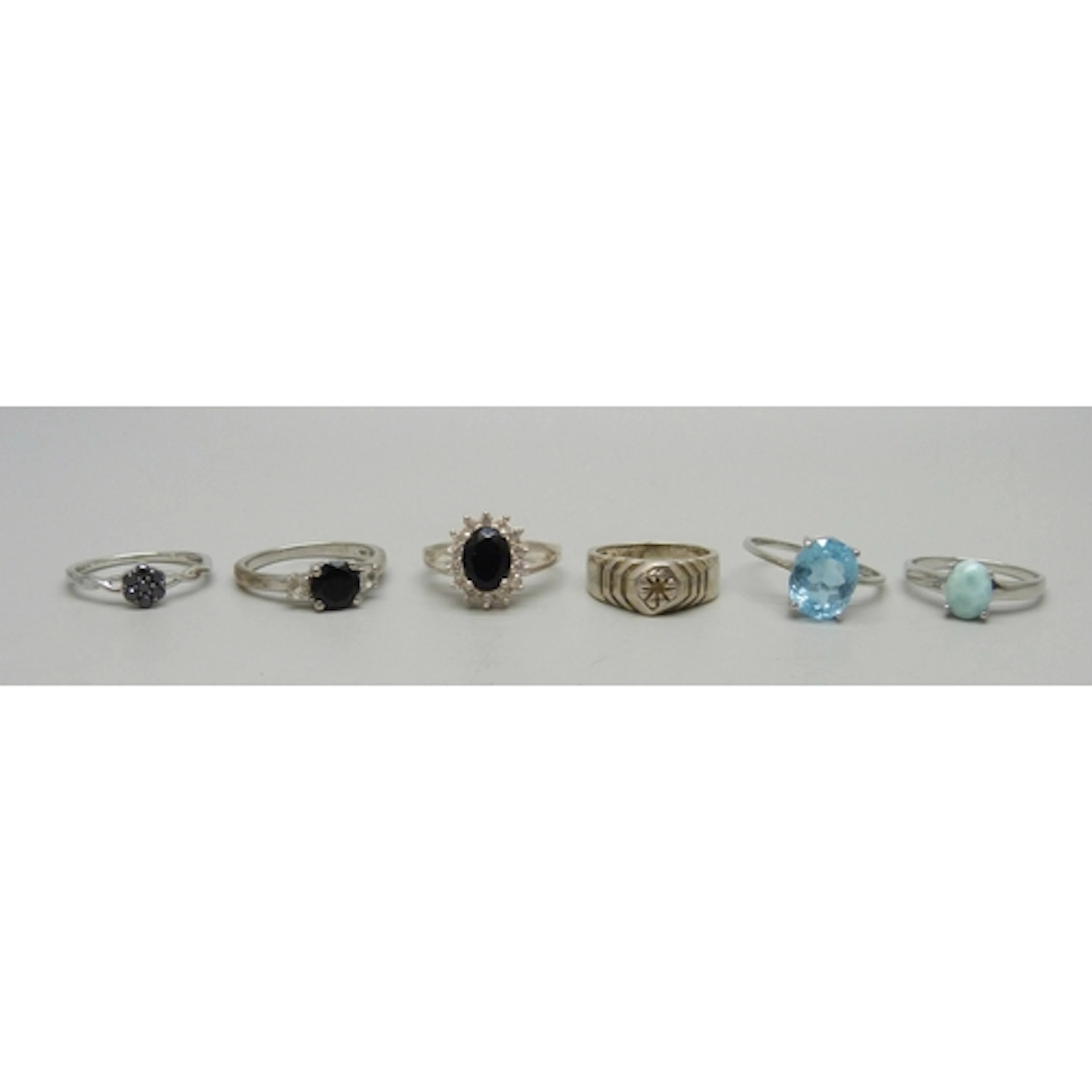 Six silver and gemstone rings including TGGC and Gemporia, 1...