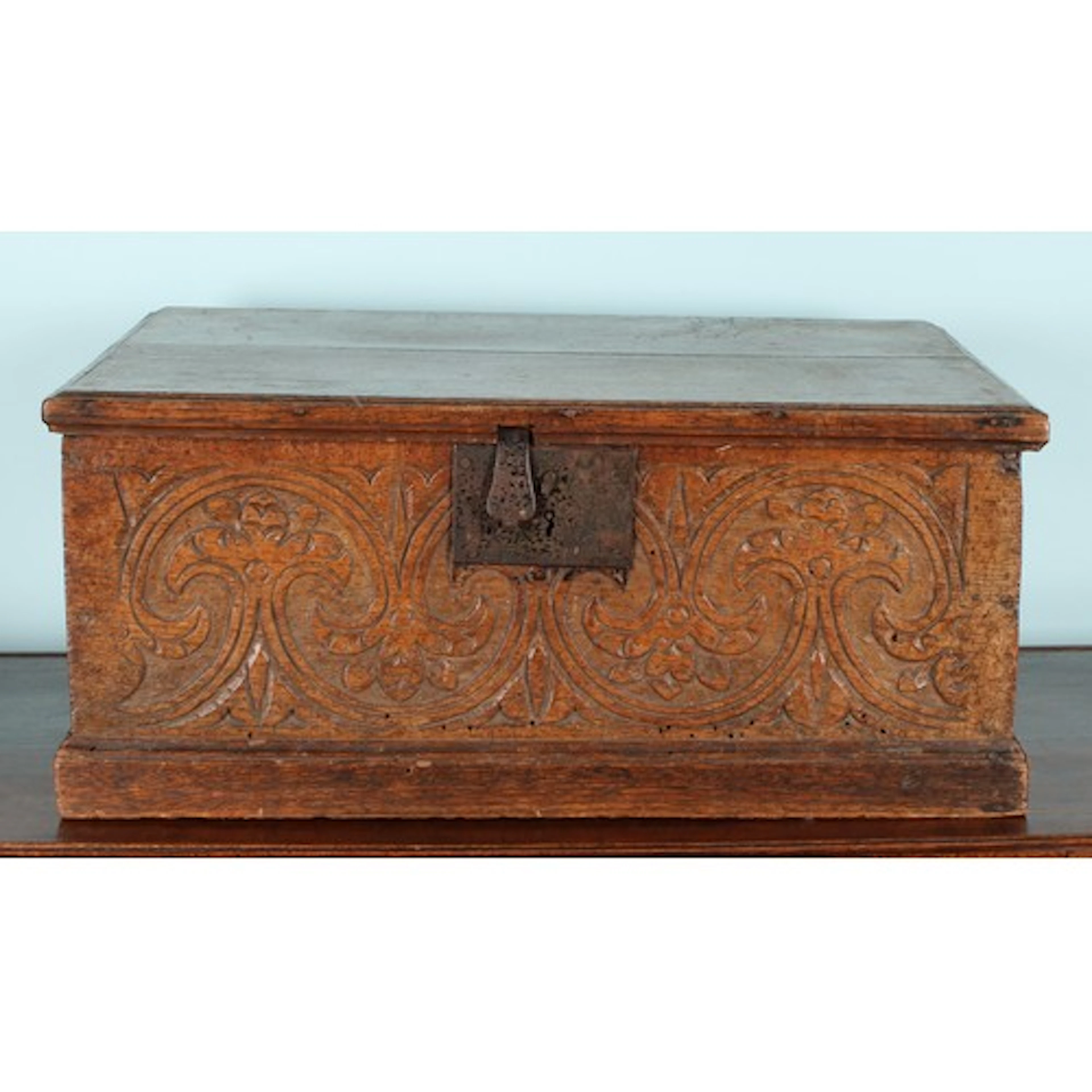 An 18th century oak boarded table box or Bible box, hinged t...