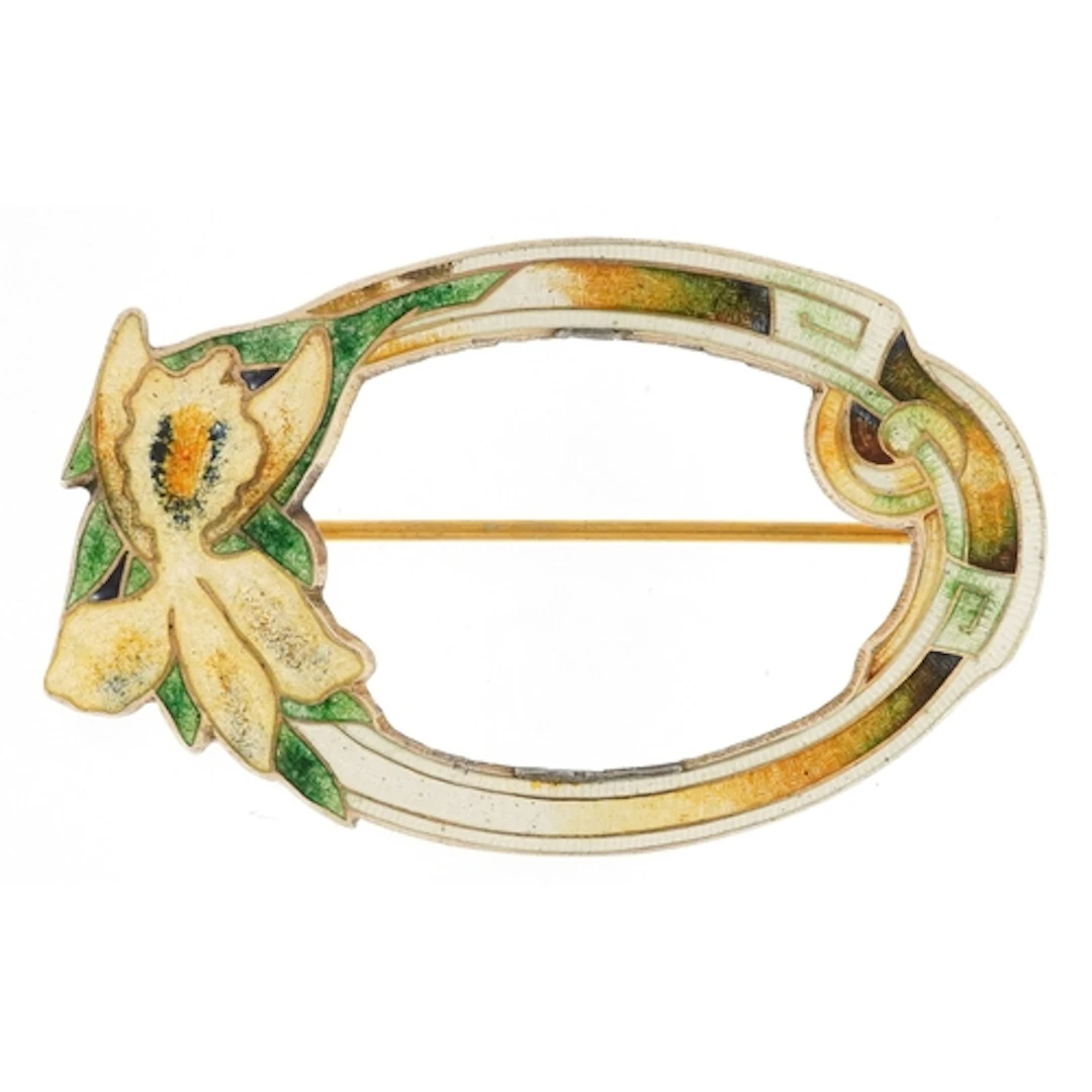 Sterling silver gilt and guilloche enamel brooch decorated w...