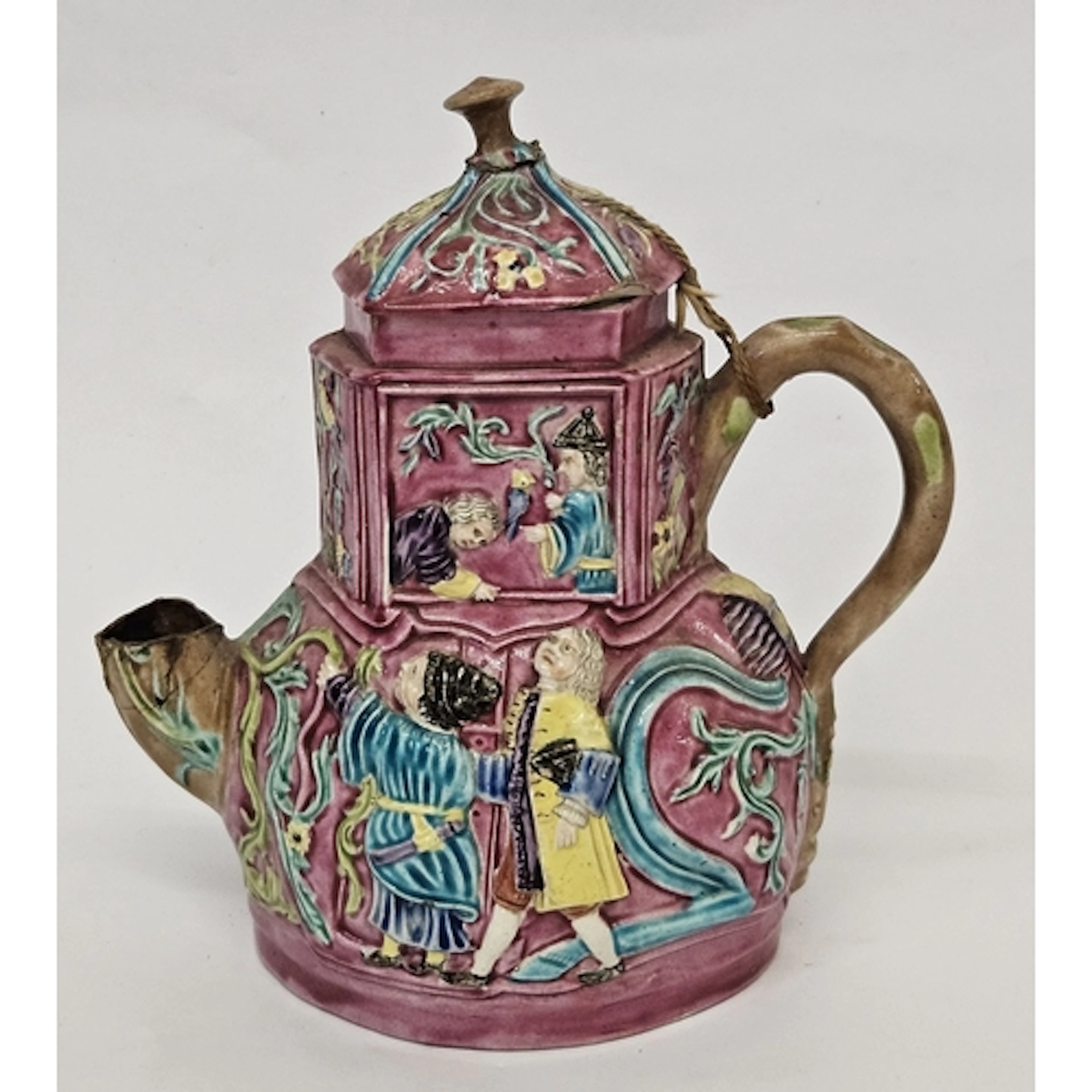 Unusual & Rare Majolica Pottery teapot, oval body with rusti...