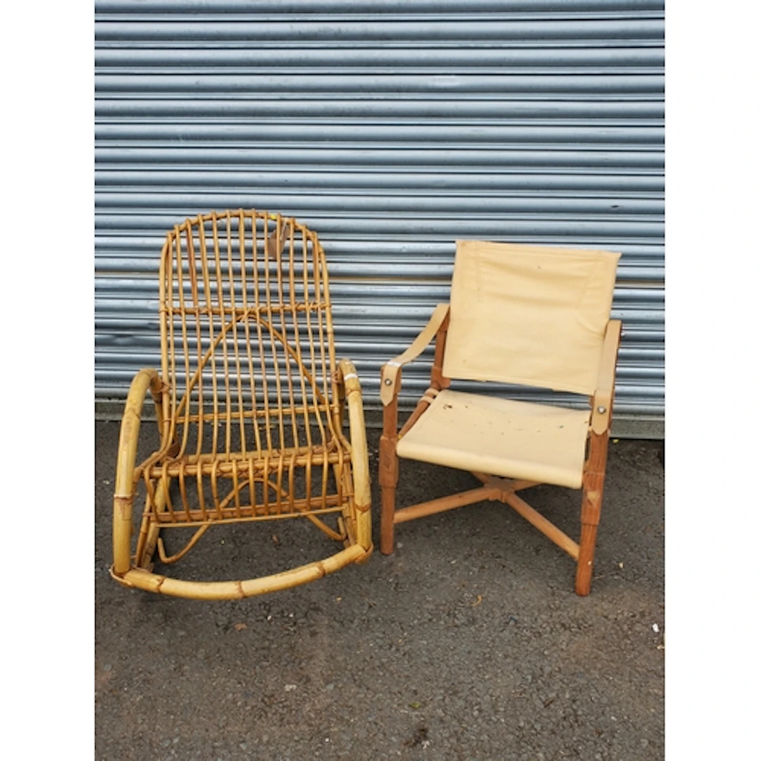 A Campaign Chair with canvas seat and a bamboo Rocking Chair