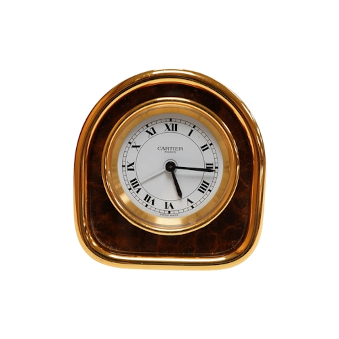 A boxed Must de Cartier gold plated burr walnut enamel trave...