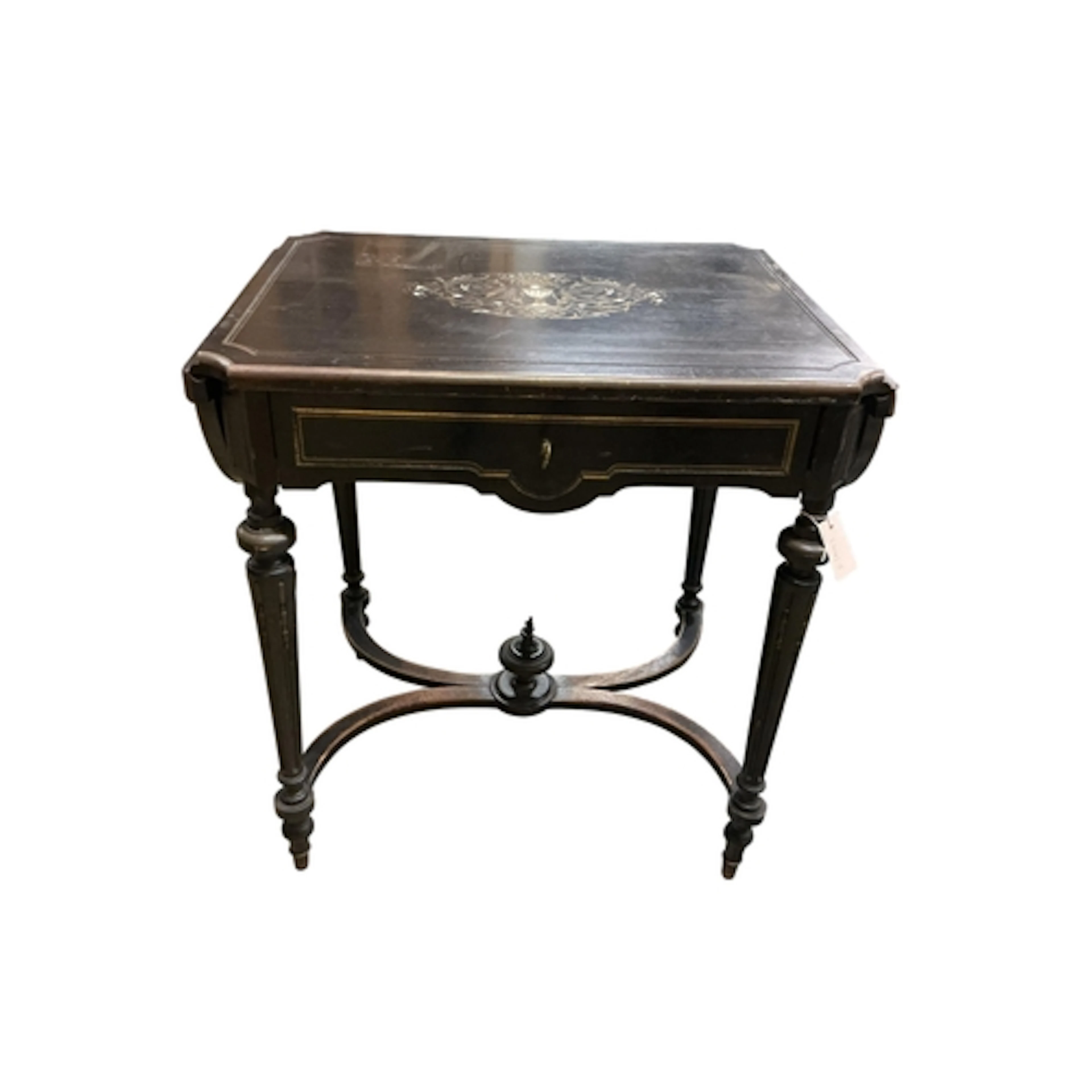 A Napoleon III ebonised drop flap work table, width 71cm, de...