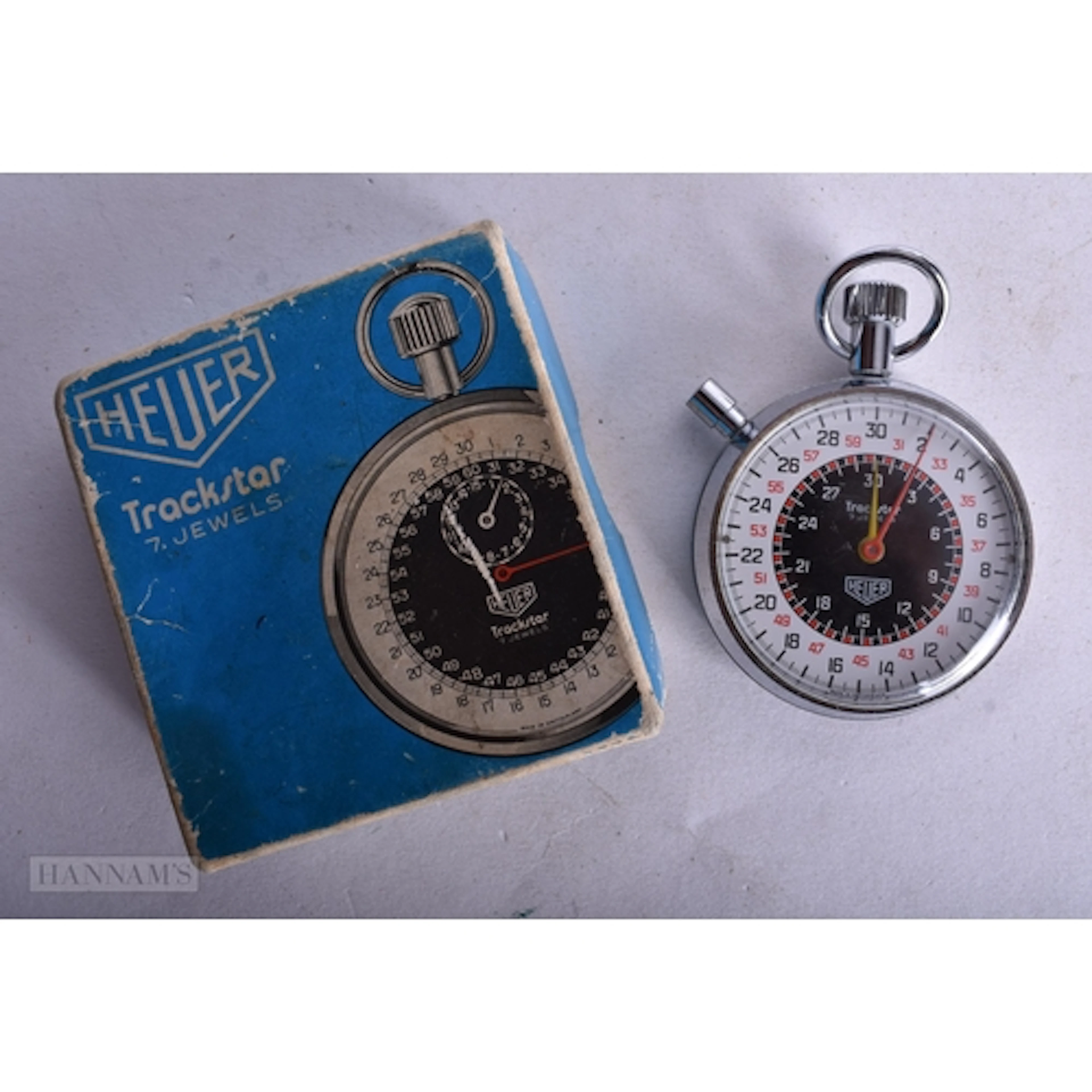 An Heuer Trackstar Stop Watch. Working. 5.2cn diameter