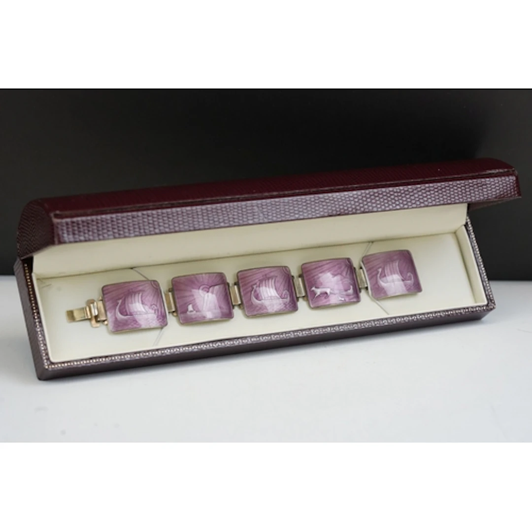 A Norwegian mid 20th century sterling silver and lilac ename...