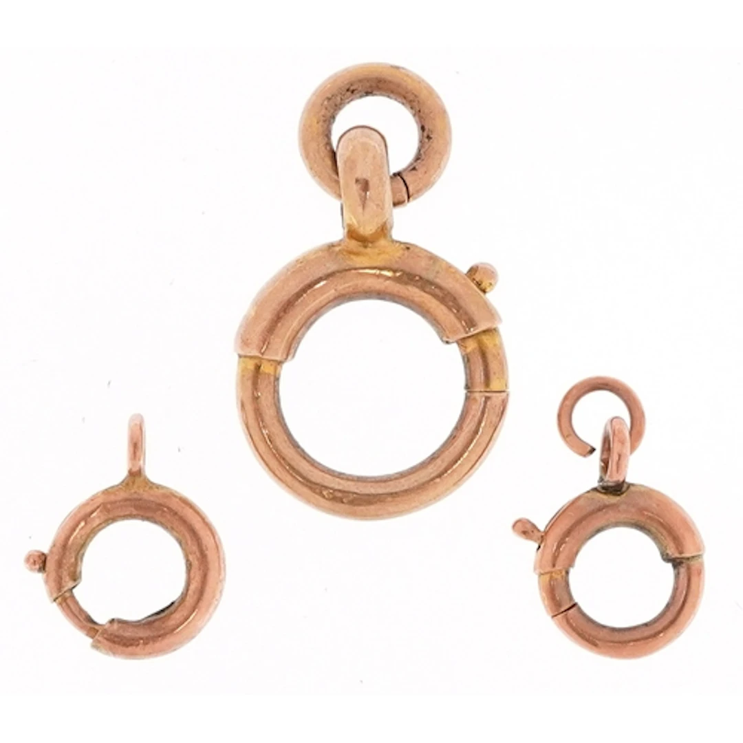 Three 9ct gold bolt ring jewellery clasps, the largest 1.5cm...