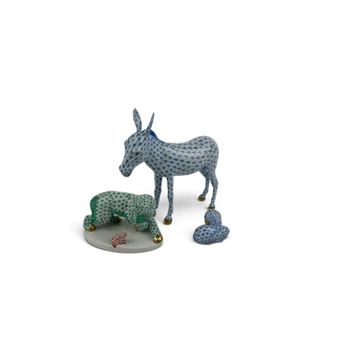 A HEREND PORCELAIN DONKEY, BIG CAT AND A PAIR OF RABBITS Tal...