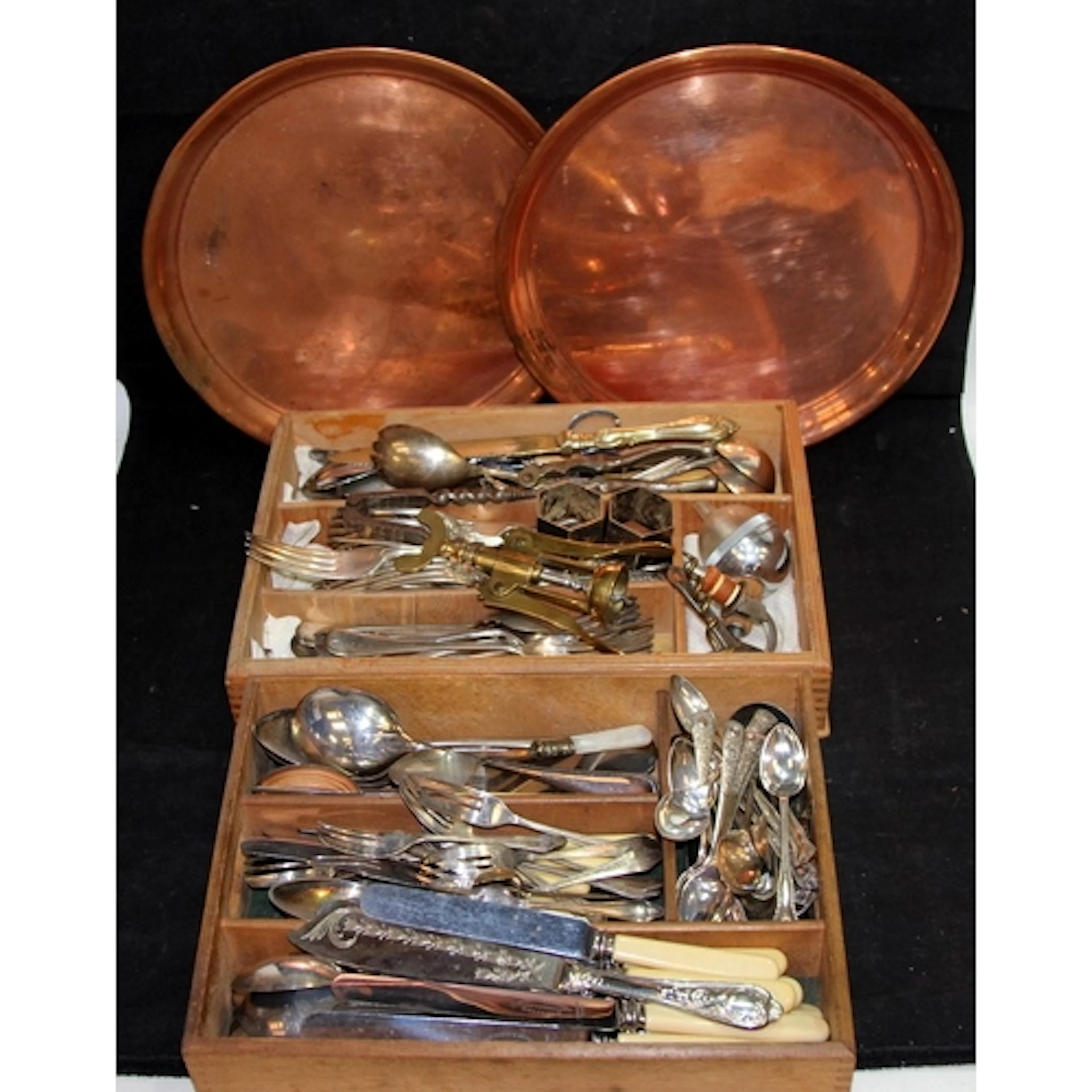 2 cutlery trays filled with vintage silver plated flatware c...