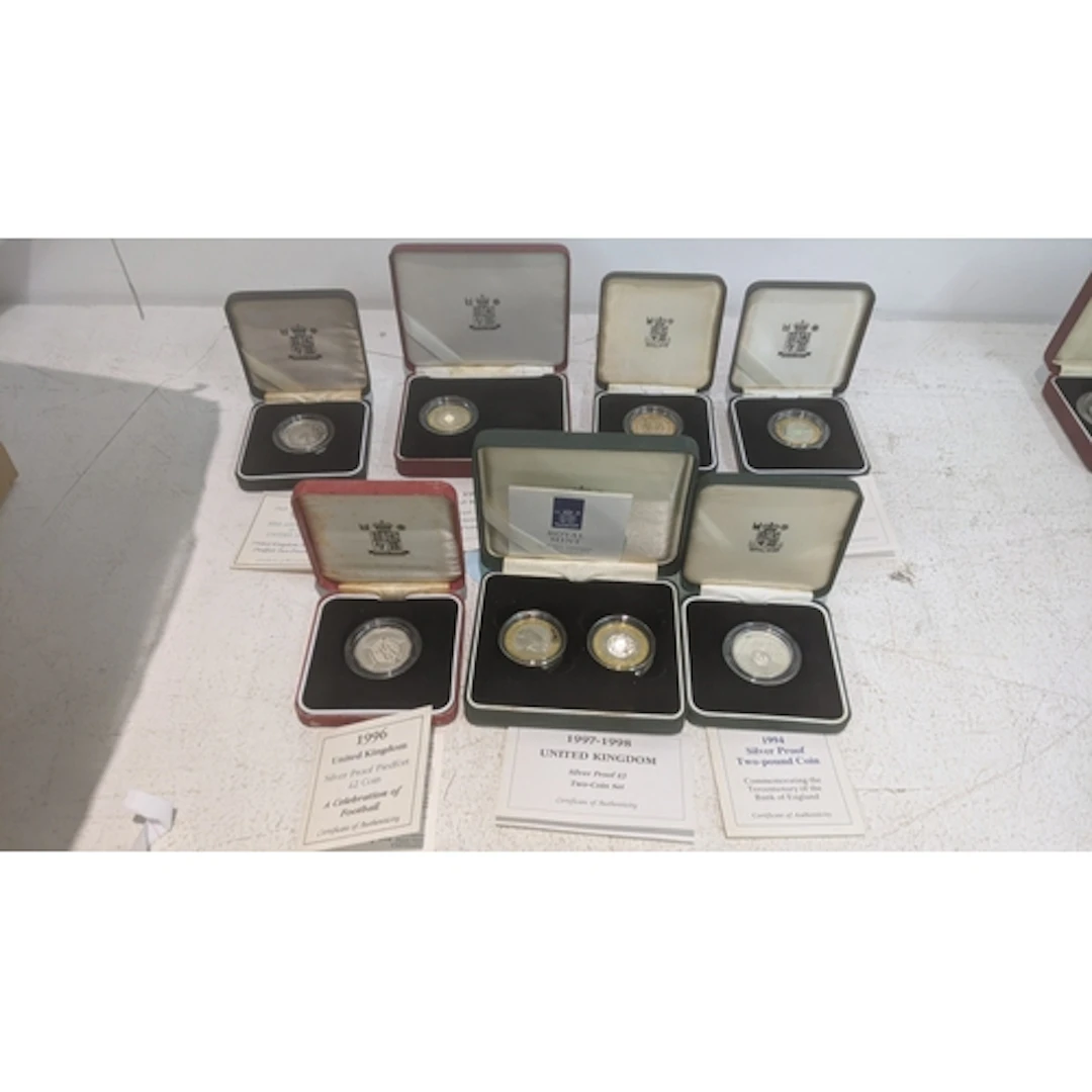 A group of seven Royal Mint boxed silver two pound coin sets...