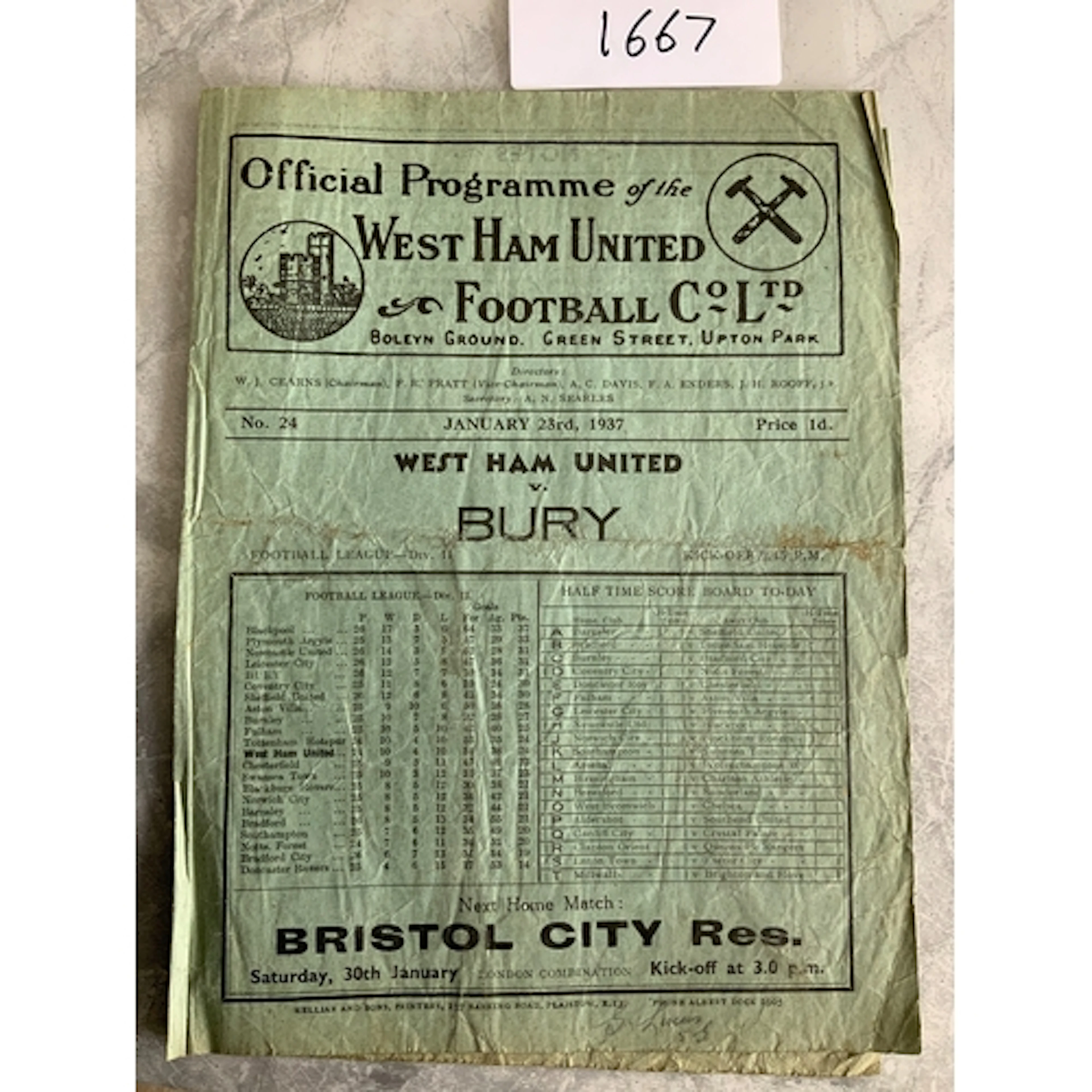 36/37 West Ham v Bury Football Programme: Fair condition div...