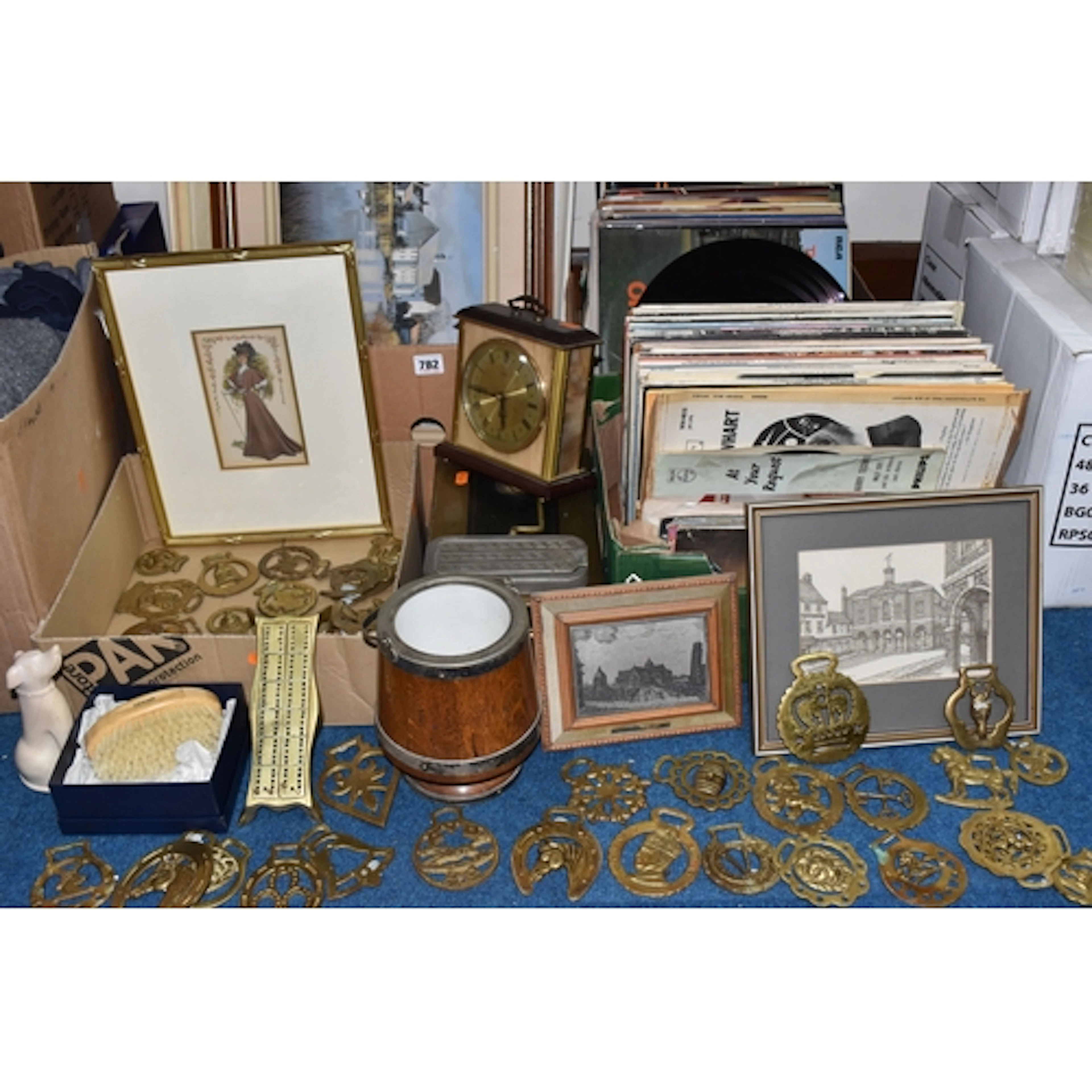 FOUR BOXES AND LOOSE RECORDS, BRASS, AND PICTURES to include...
