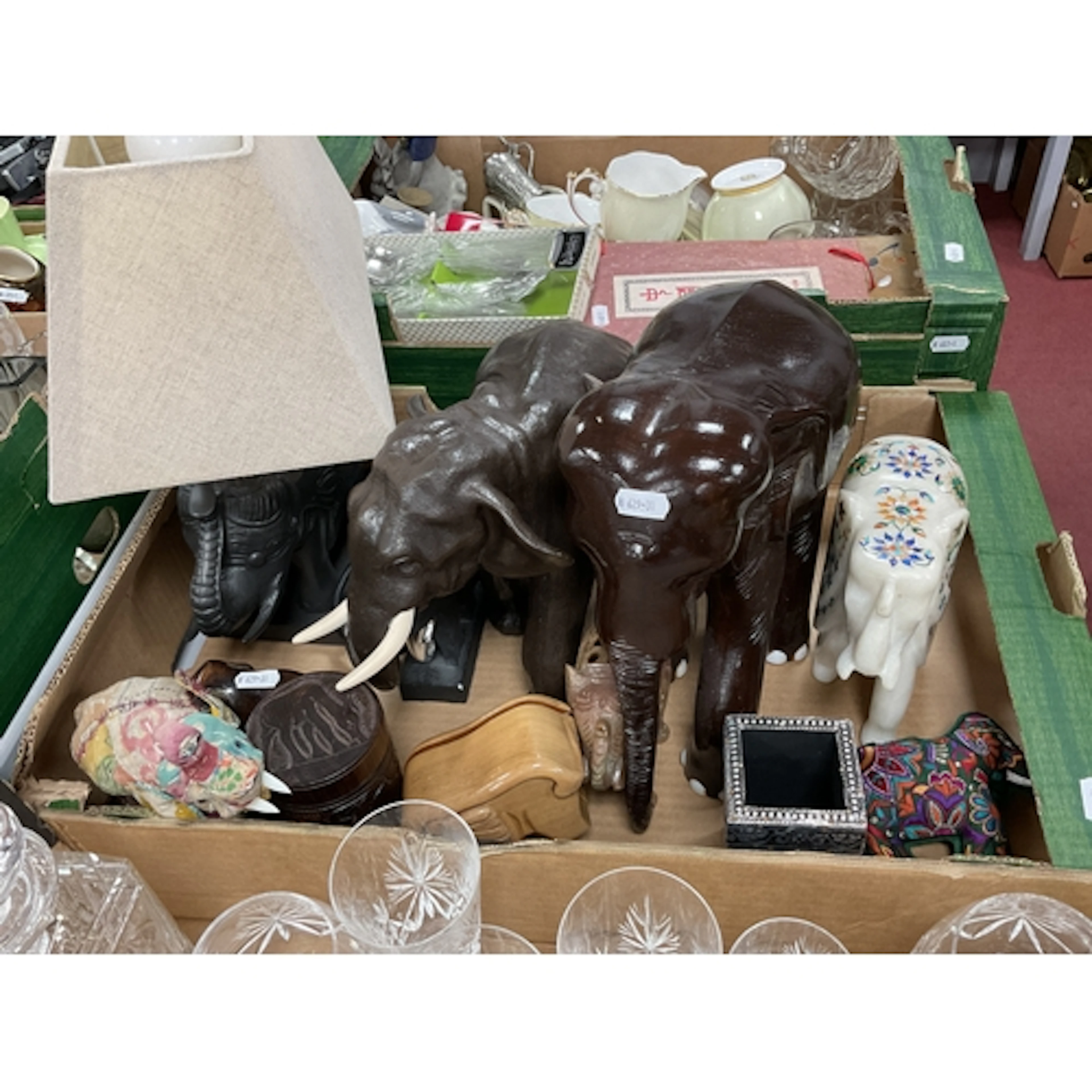 Elephant-themed collection, comprising large carved wooden f...