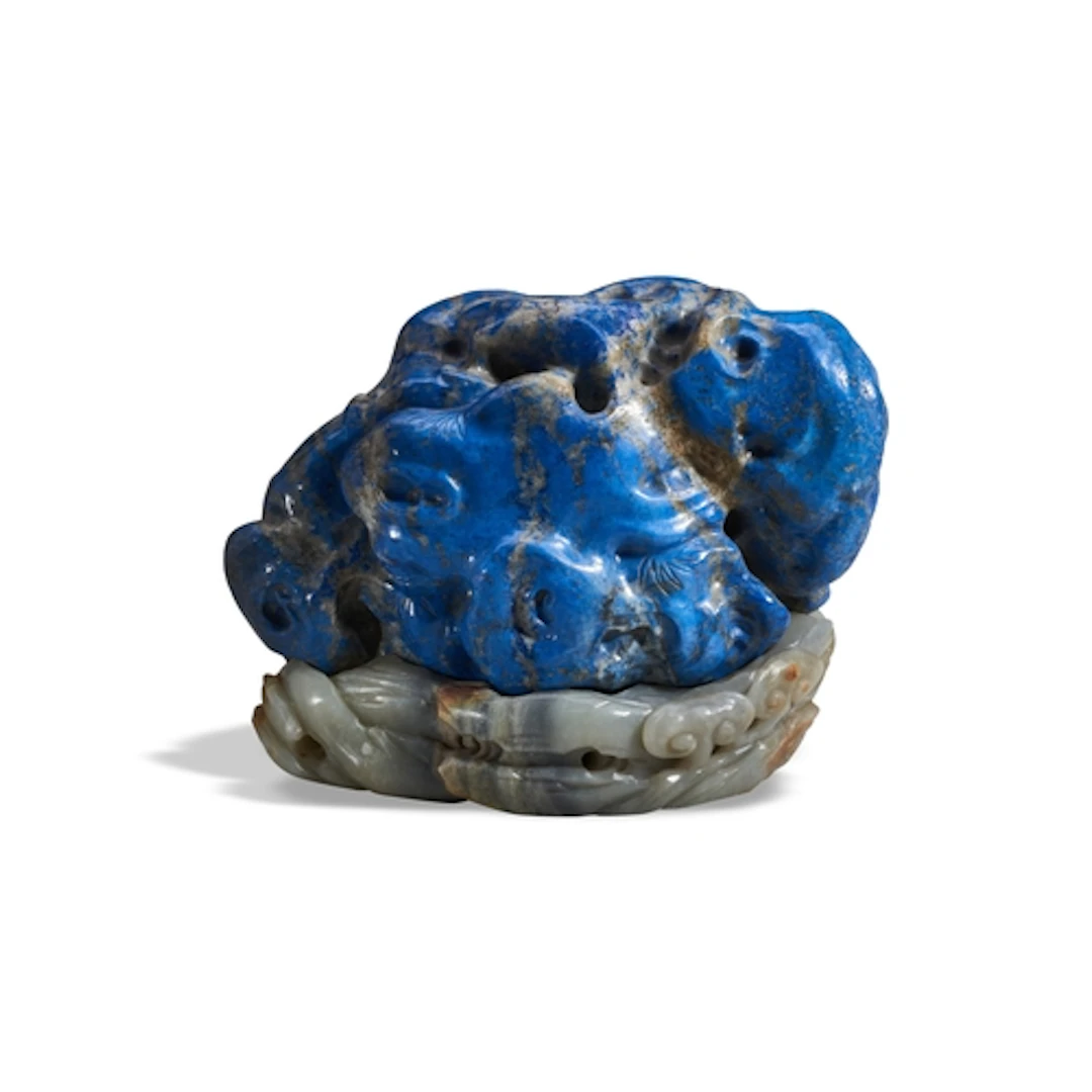 A LAPIS LAZULI BOULDER WITH GREY JADE STAND 19TH / 20TH CENT...