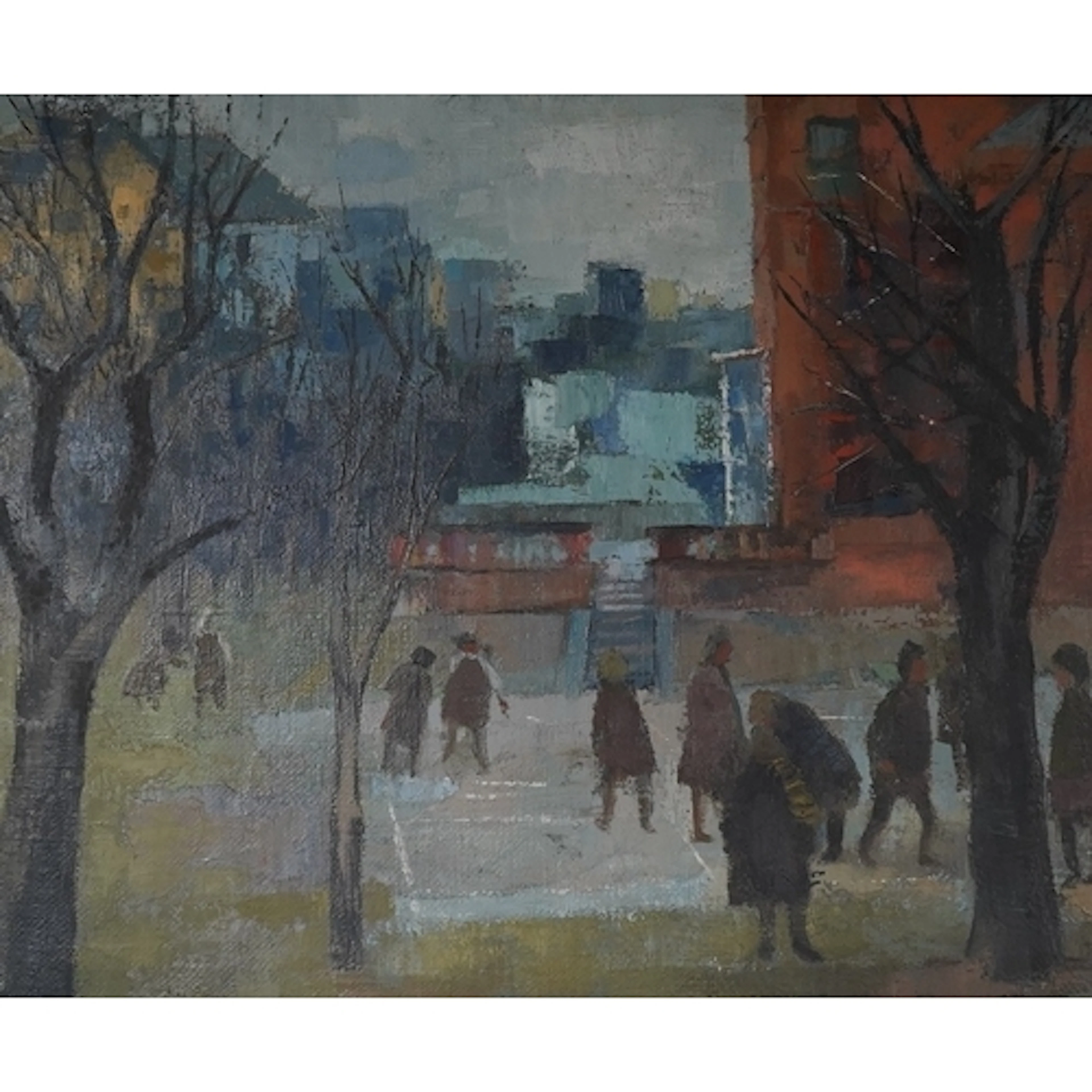 Modern British, street scene with figures, unsigned, oil on ...
