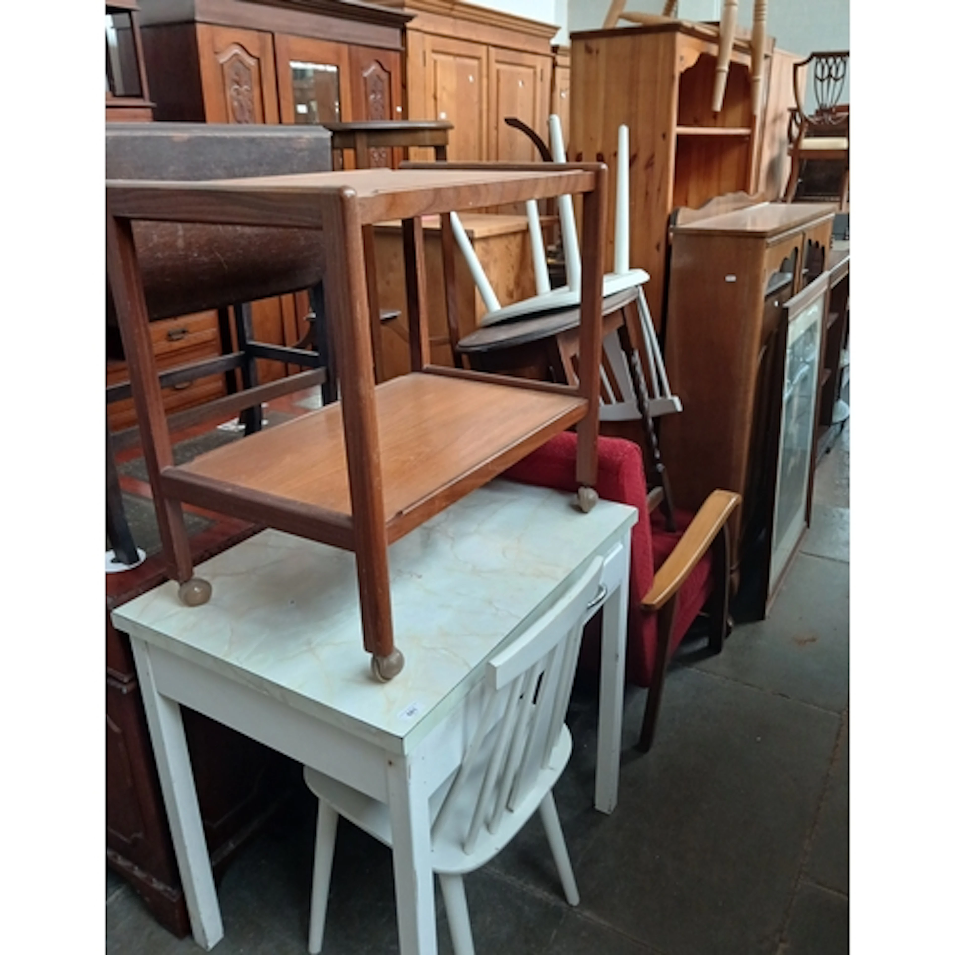 A mixed lot comprising a teak trolley, kitchen table, pair o...