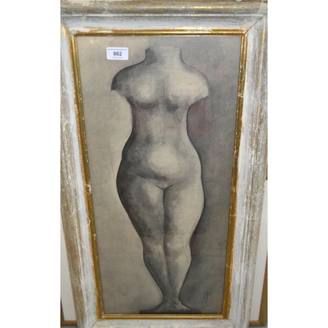 Mid 20th Century charcoal drawing, study of a female nude, s...