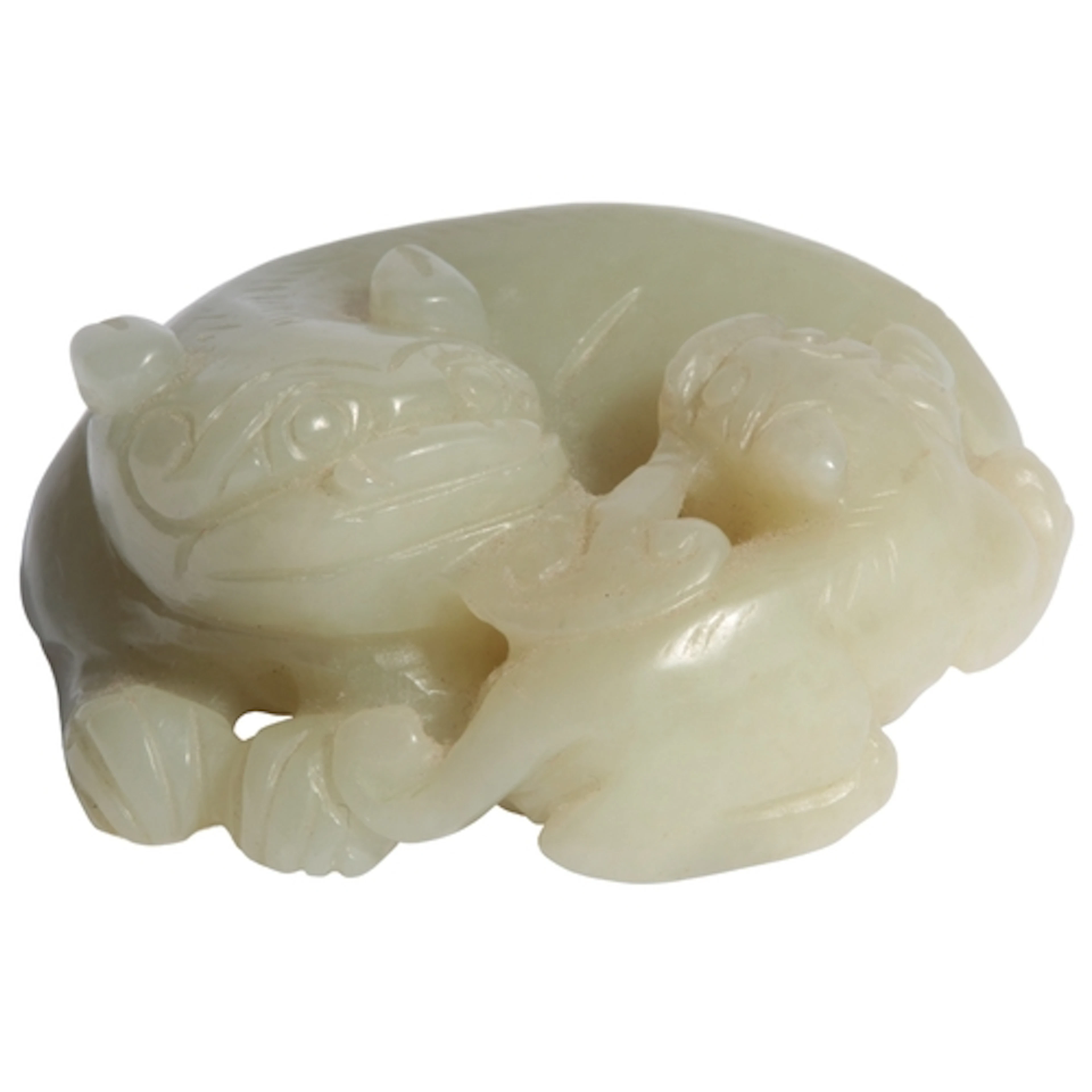 A Chinese pale celadon jade lion-dog group, 19th century, th...