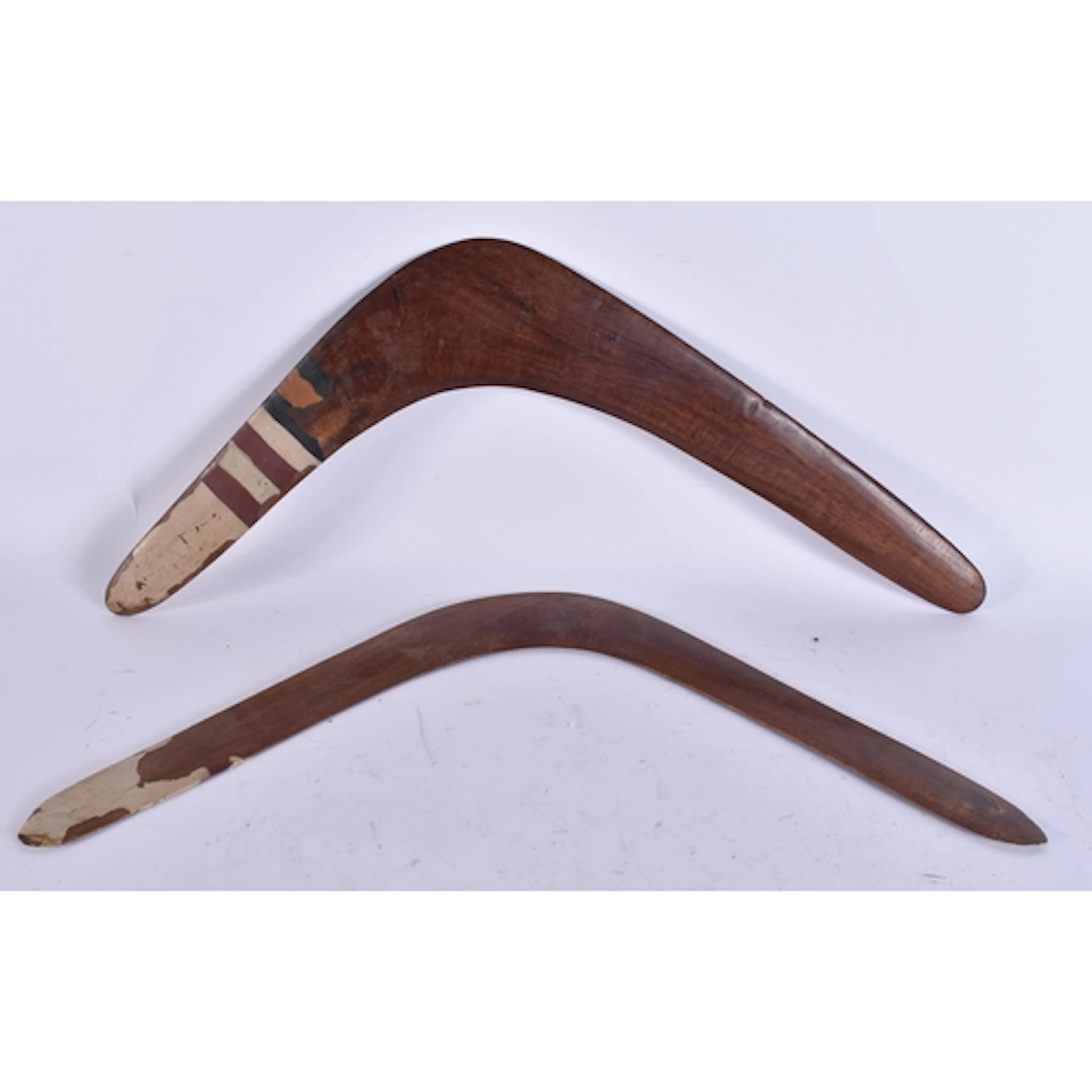 TWO AUSTRALIAN TRIBAL PAINTED WOOD ABORIGINAL BOOMERANGS. 50...