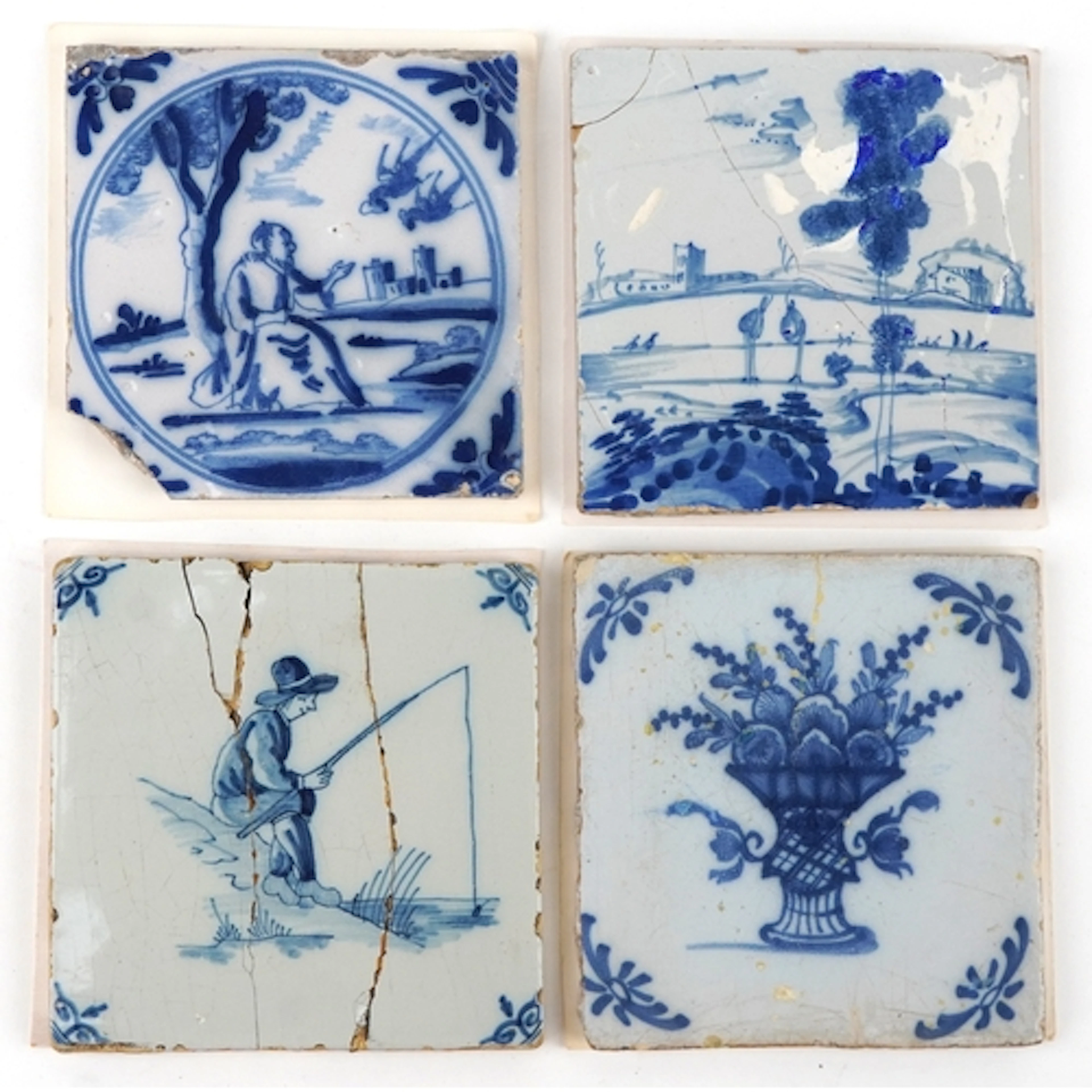Four 18th century English blue and white tiles hand painted ...