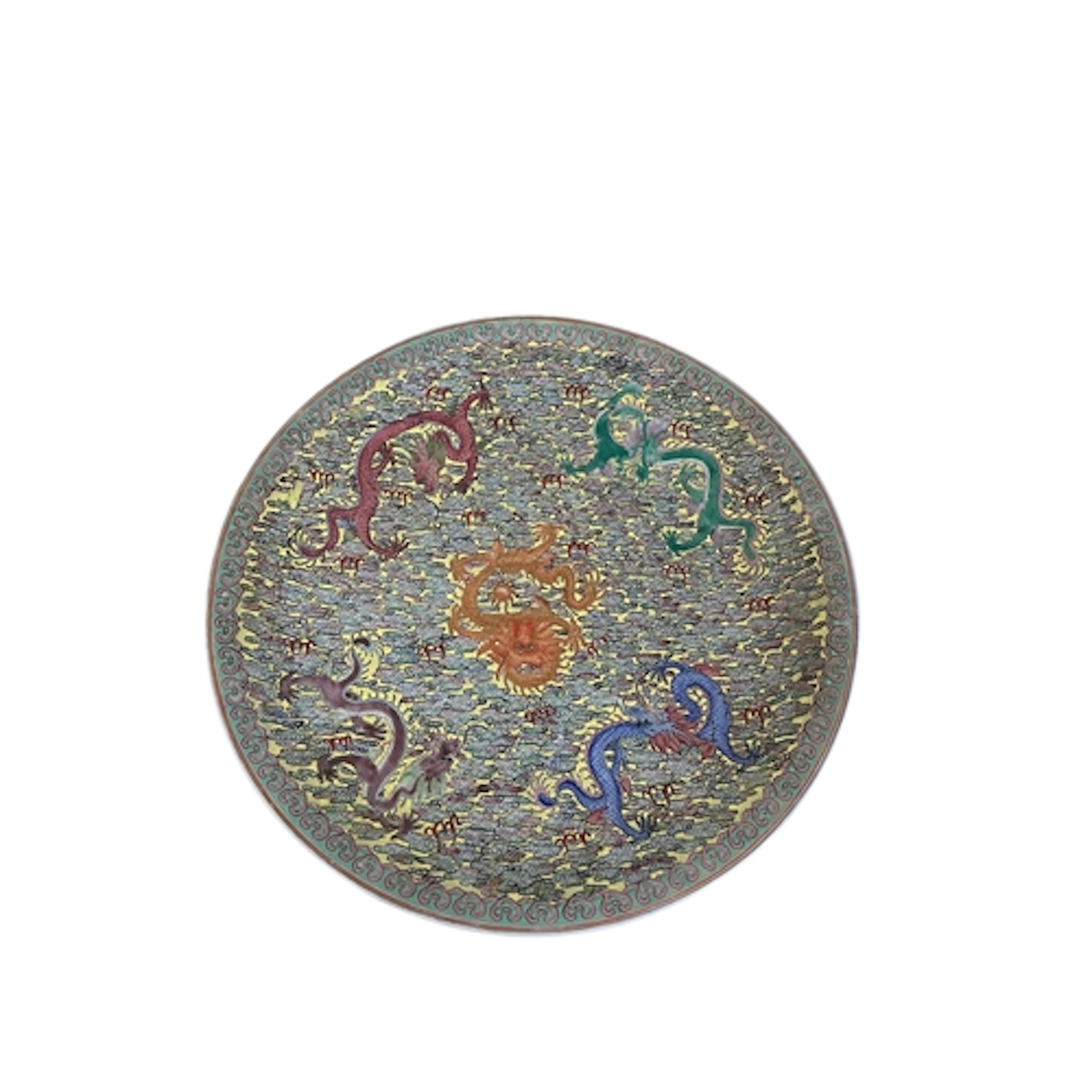 A Chinese enamelled porcelain 'five dragon' charger, 41cm in...