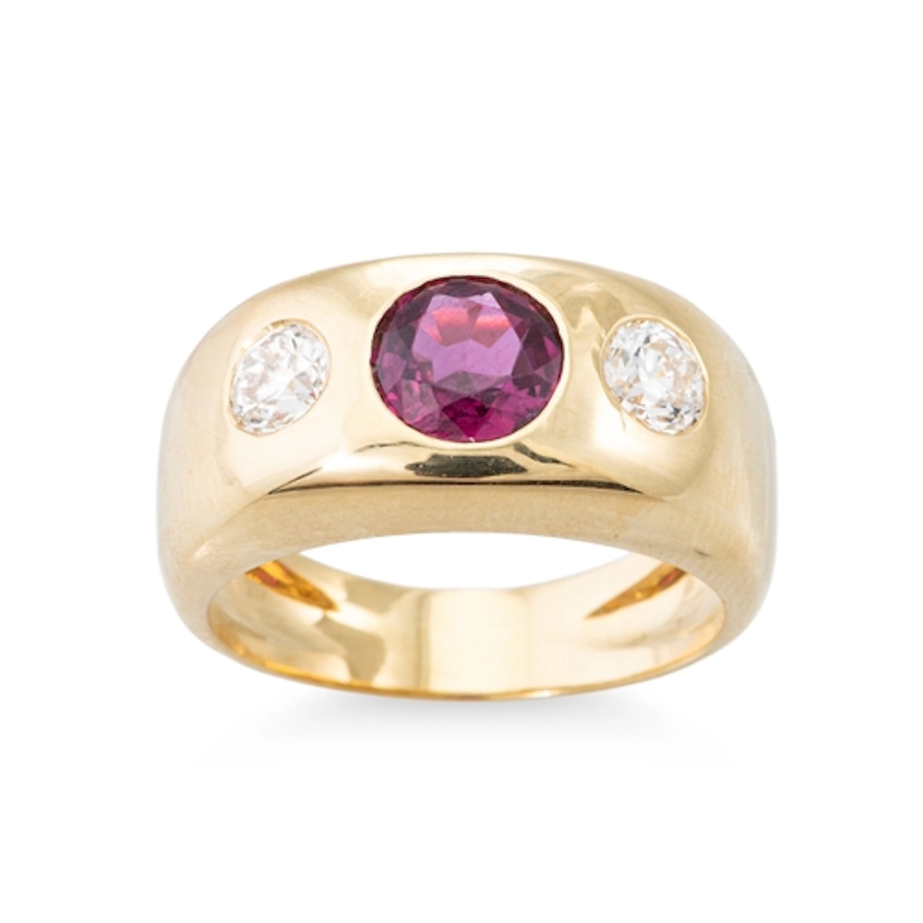 A DIAMOND AND RUBY SET BOMBÉ RING, mounted in 18ct gold. Est...