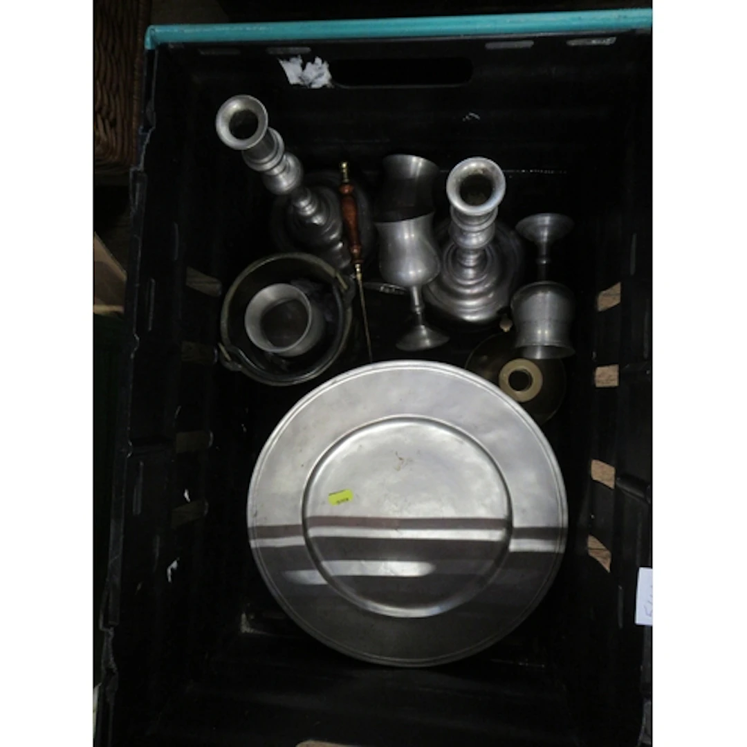 A collection of pewter, to include plates, candlesticks etc