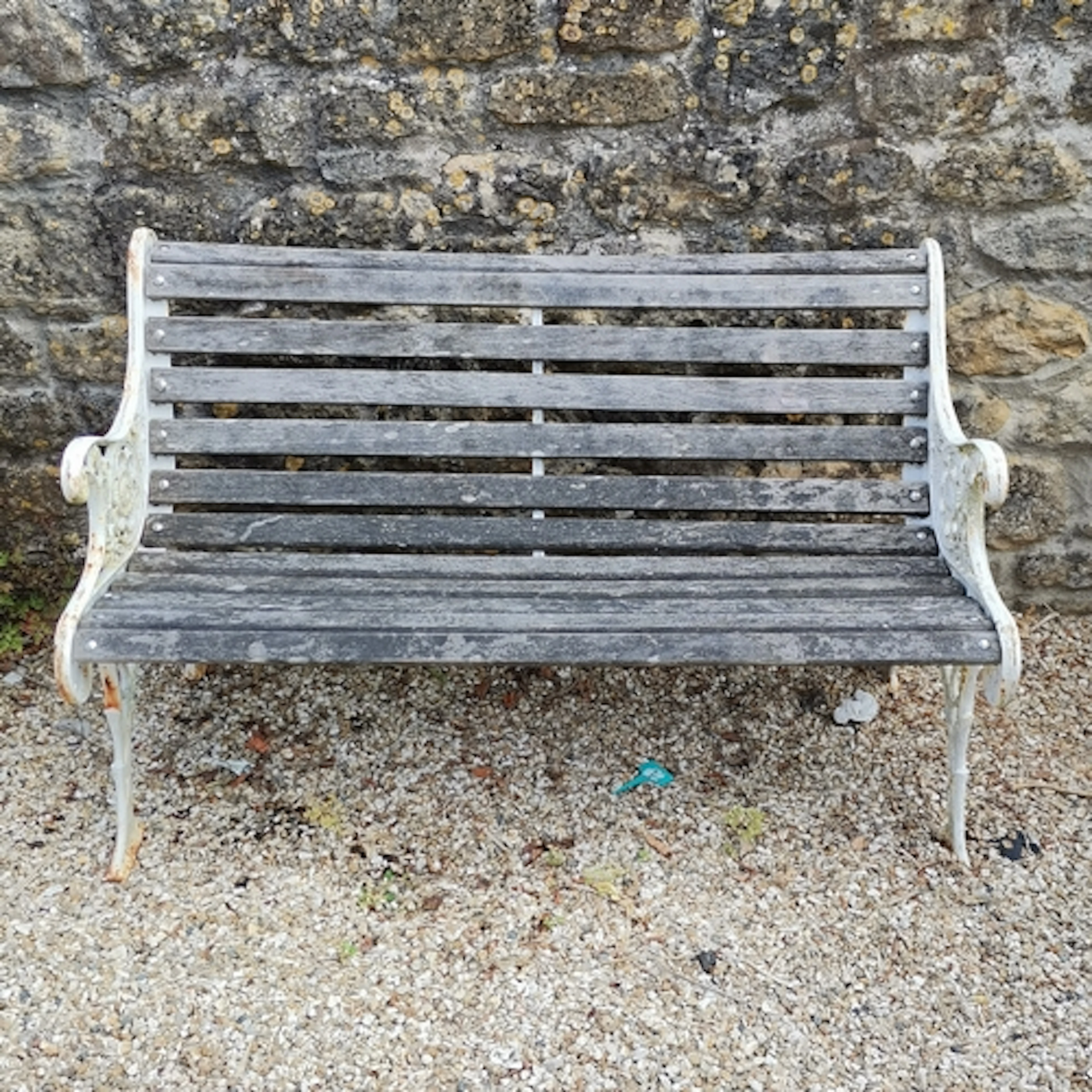 Teak 2 seater bench with white cast ends - 123cm x 77cm