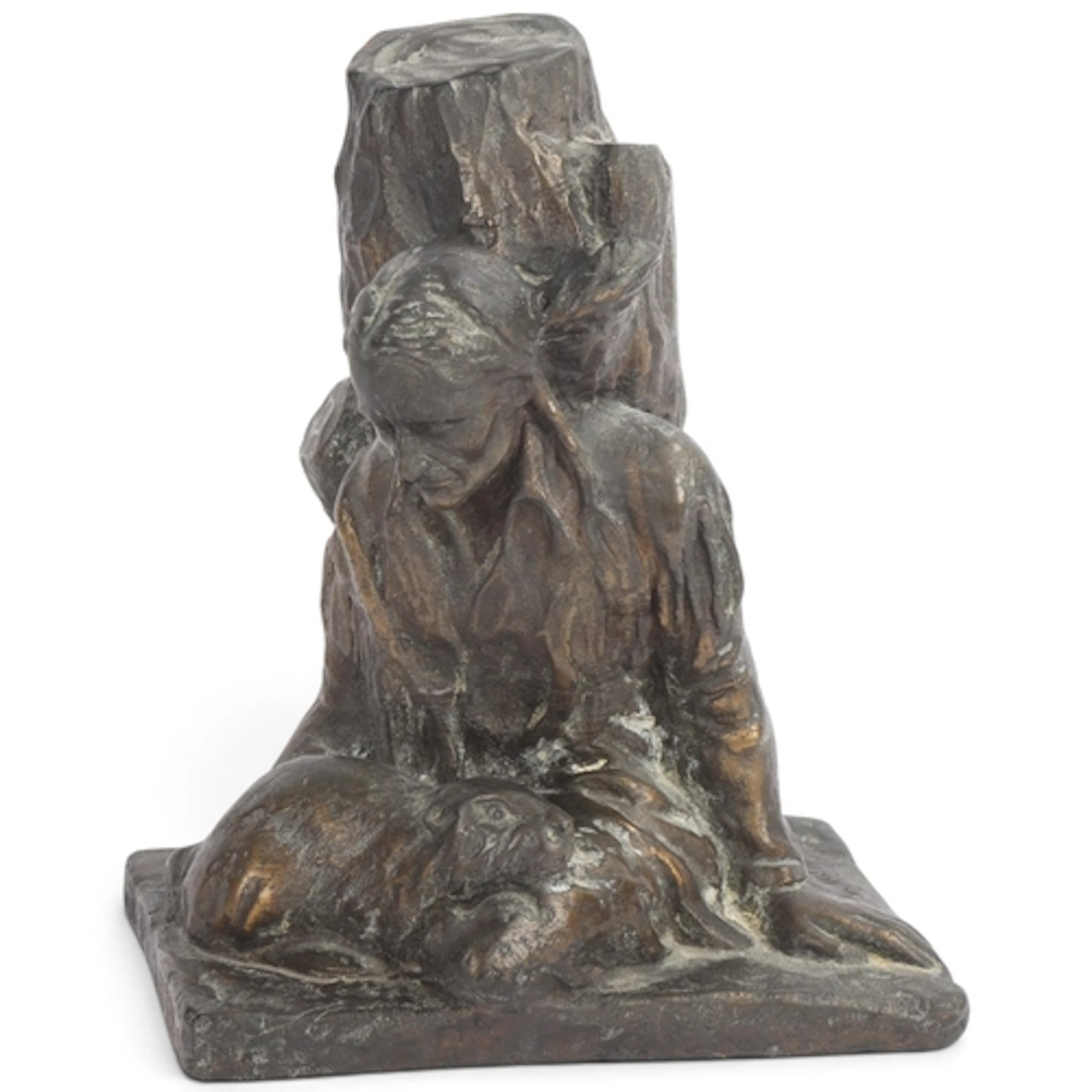 A resin bronze sculpture depicting a Native American and bea...