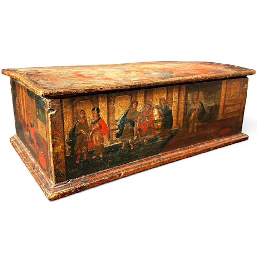 A decorative painted pine box, the hinged cover with foliate...