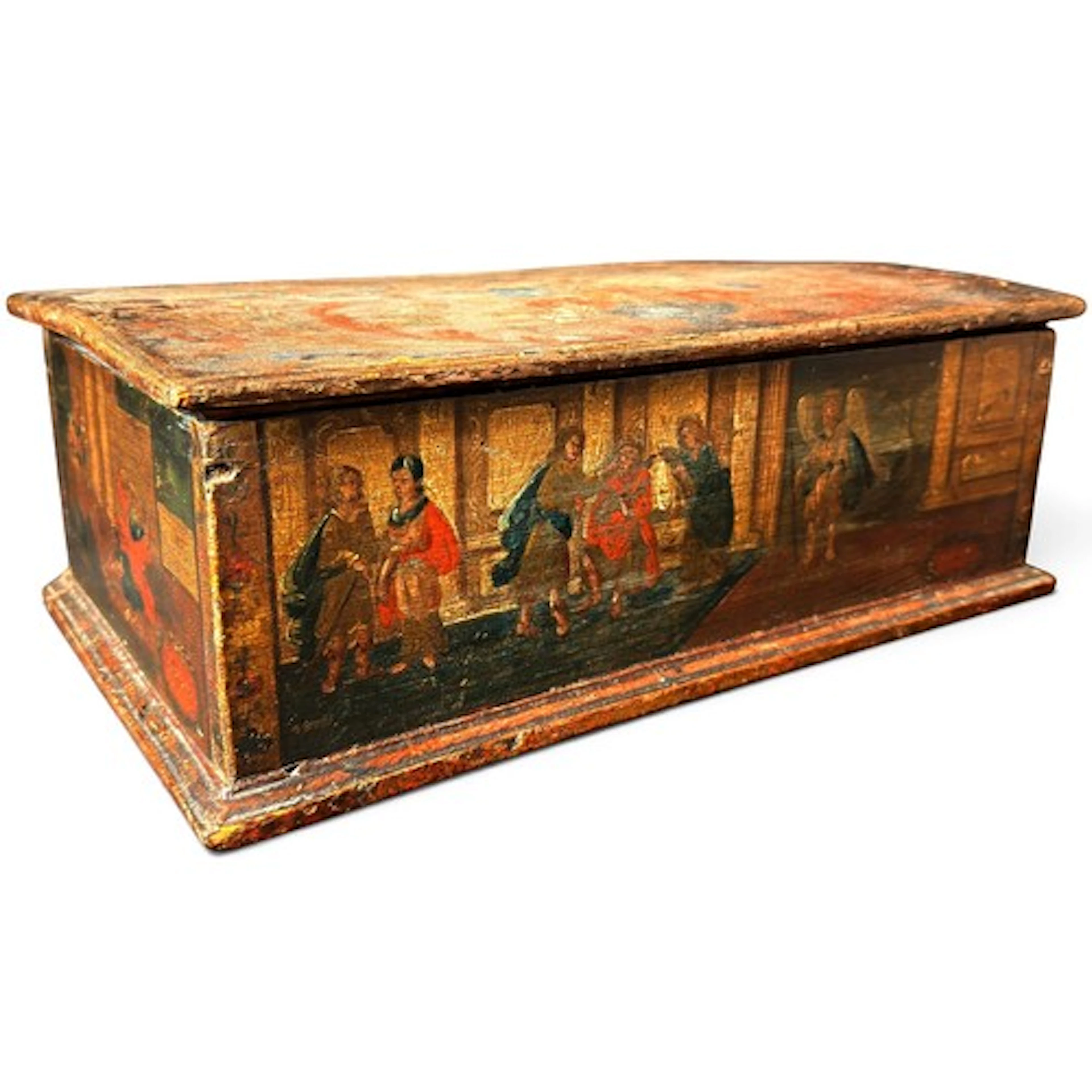 A decorative painted pine box, the hinged cover with foliate...
