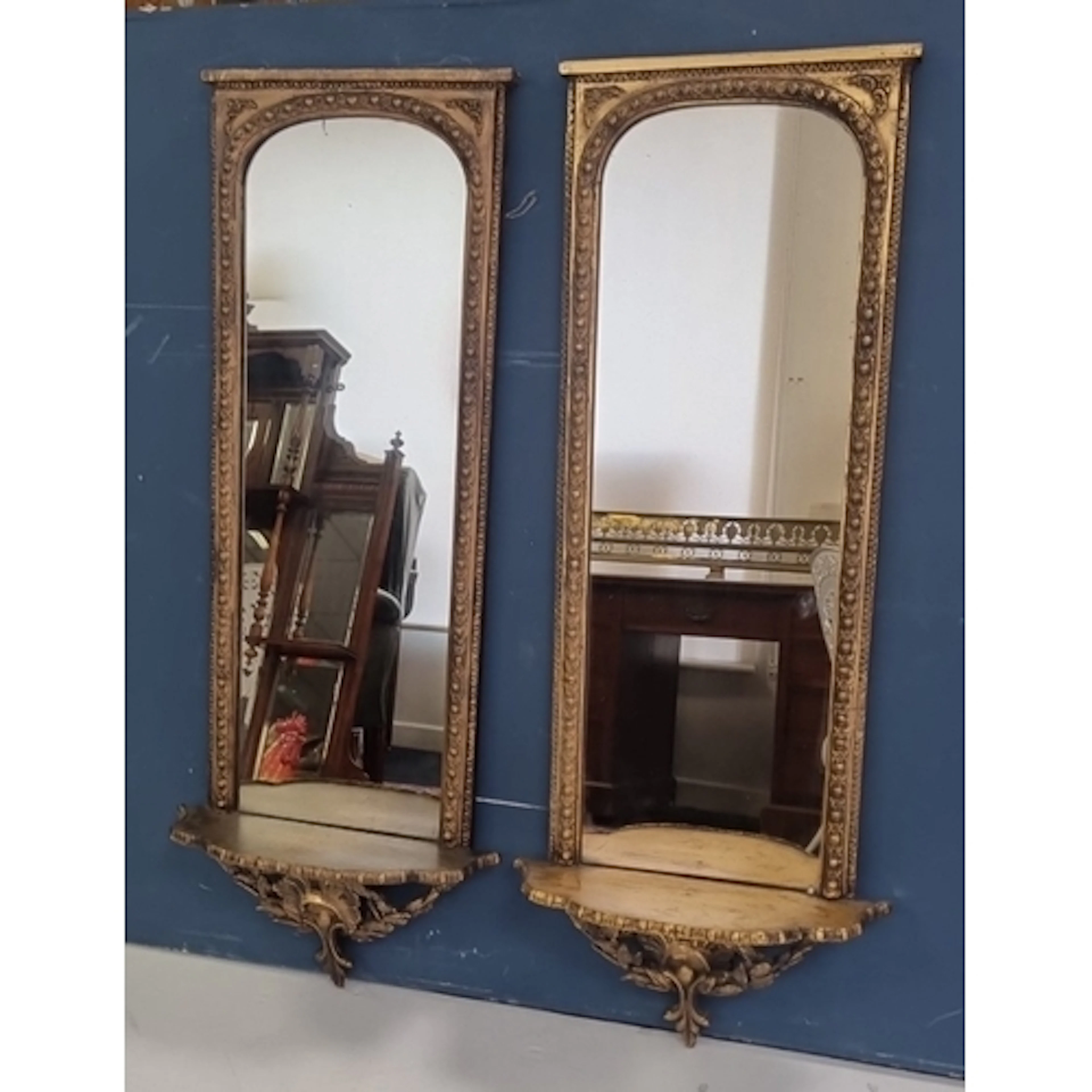Pair of giltwood pier mirrors with bracket shelves H: 118cm ...