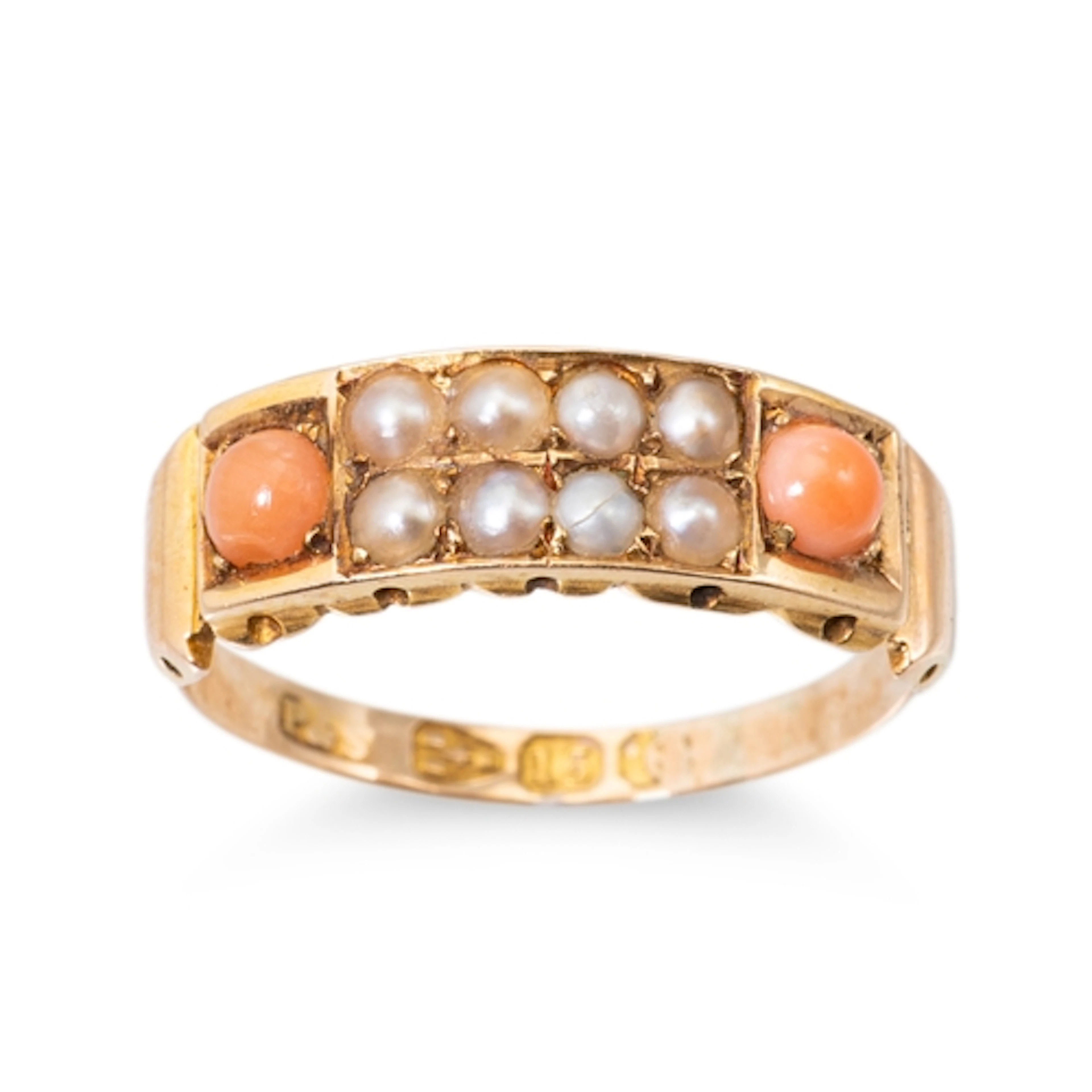 AN ANTIQUE 15CT GOLD SEED PEARL AND CORAL SET DRESS RING, pr...