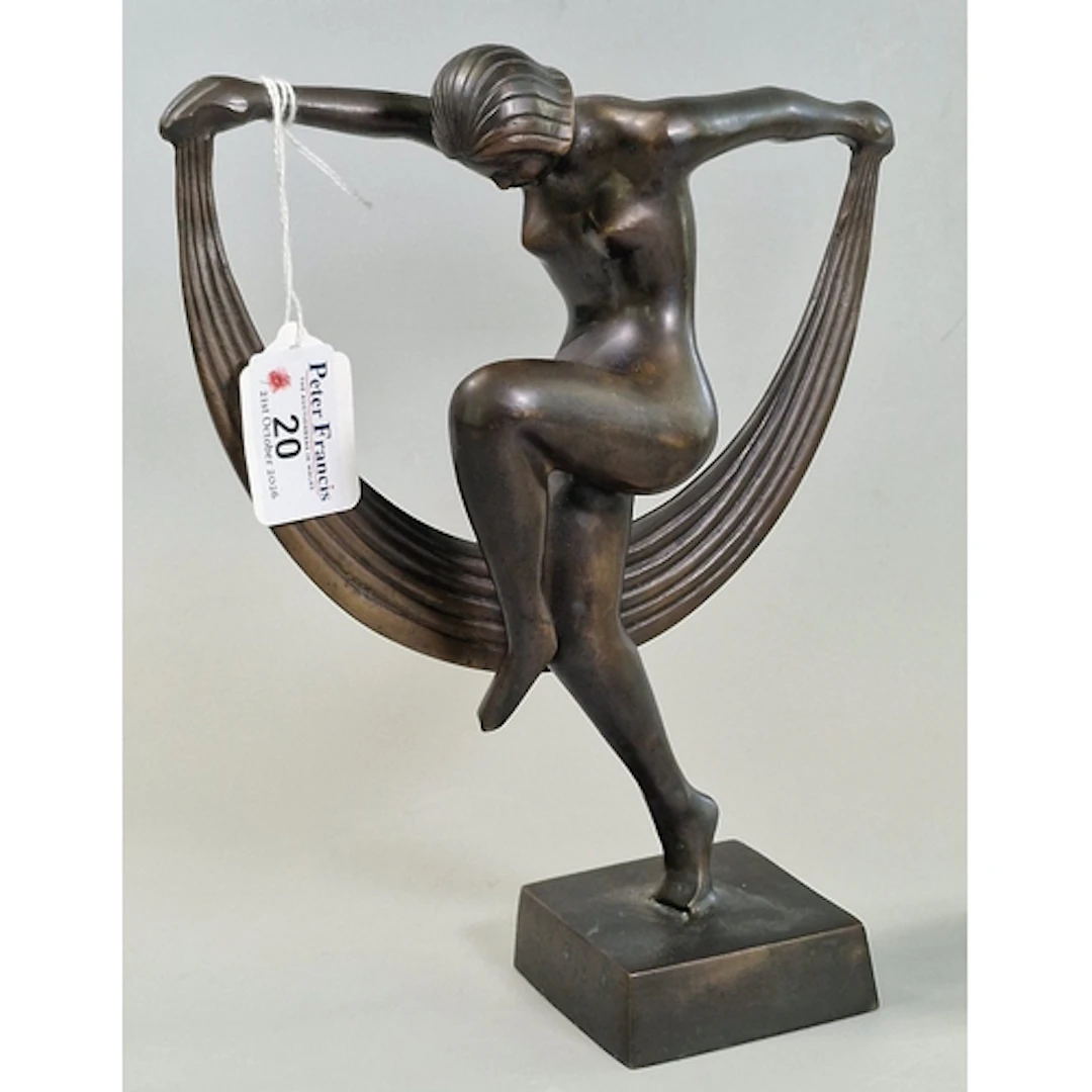 Art Deco style bronze nude dancing figure with sweeping scar...